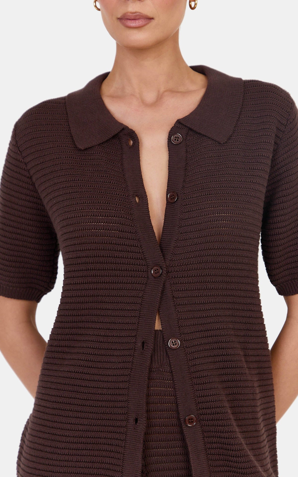 Leonora Two Piece Top and Pants Set - Cotton Knit Button Through Shirt and Drawstring Pants Set in Chocolate