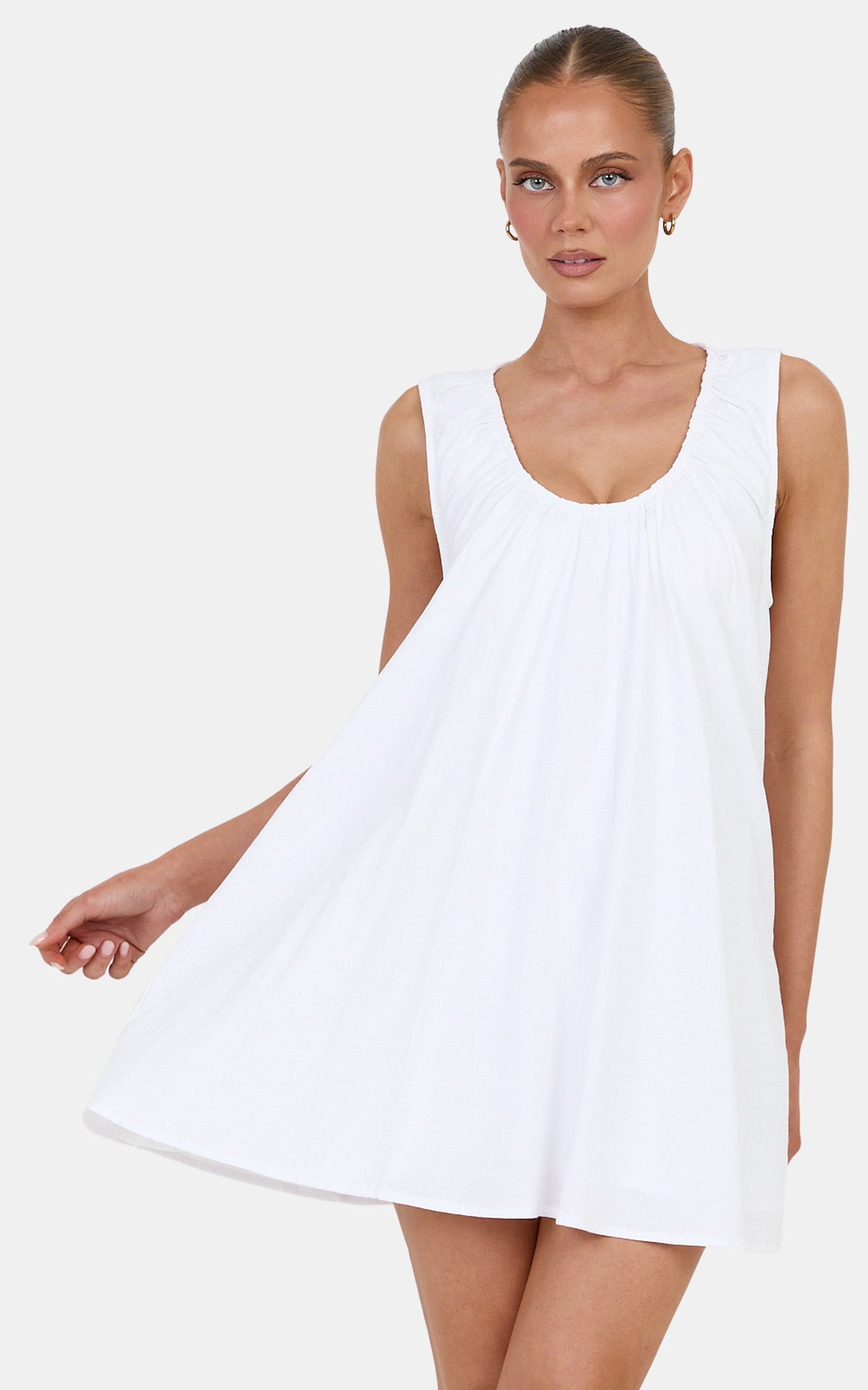 Lucinda Mini Dress - Deep U Gathered Neck Smock Dress in White