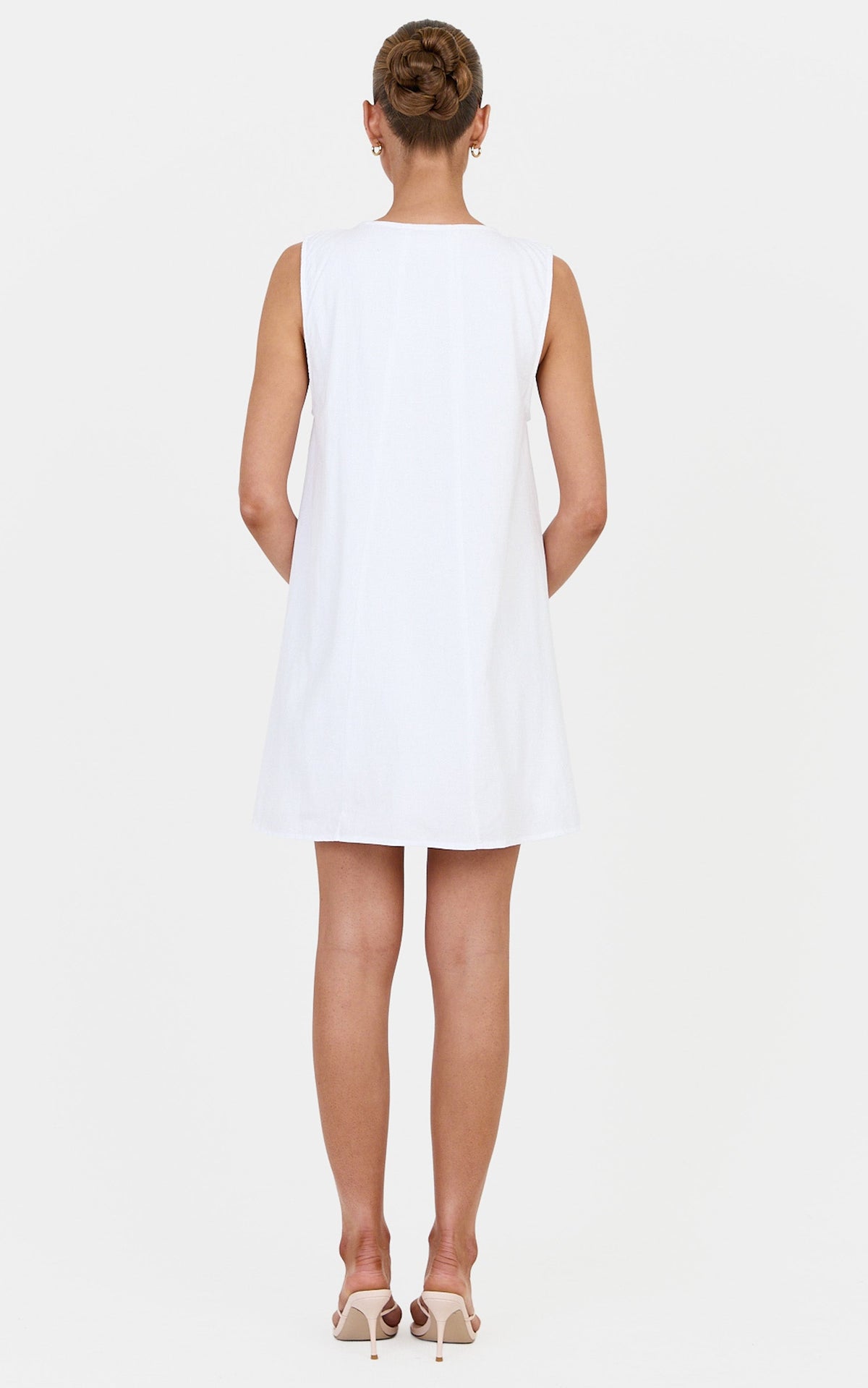 Lucinda Mini Dress - Deep U Gathered Neck Smock Dress in White