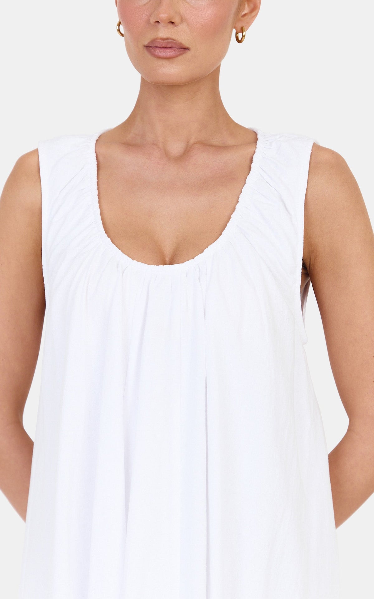 Lucinda Mini Dress - Deep U Gathered Neck Smock Dress in White