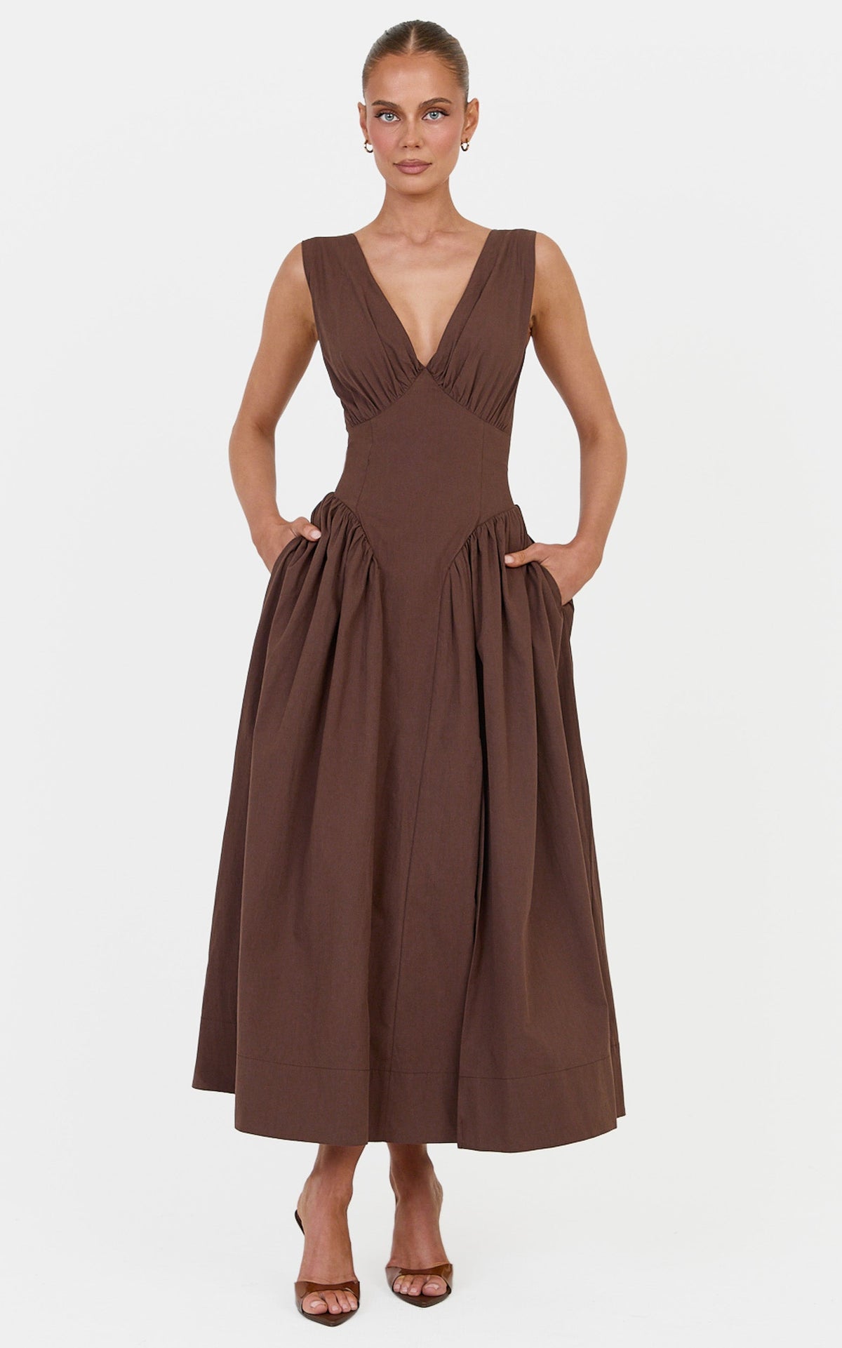 Melody Midi Dress - Cotton V Neck A Line Dress in Chocolate