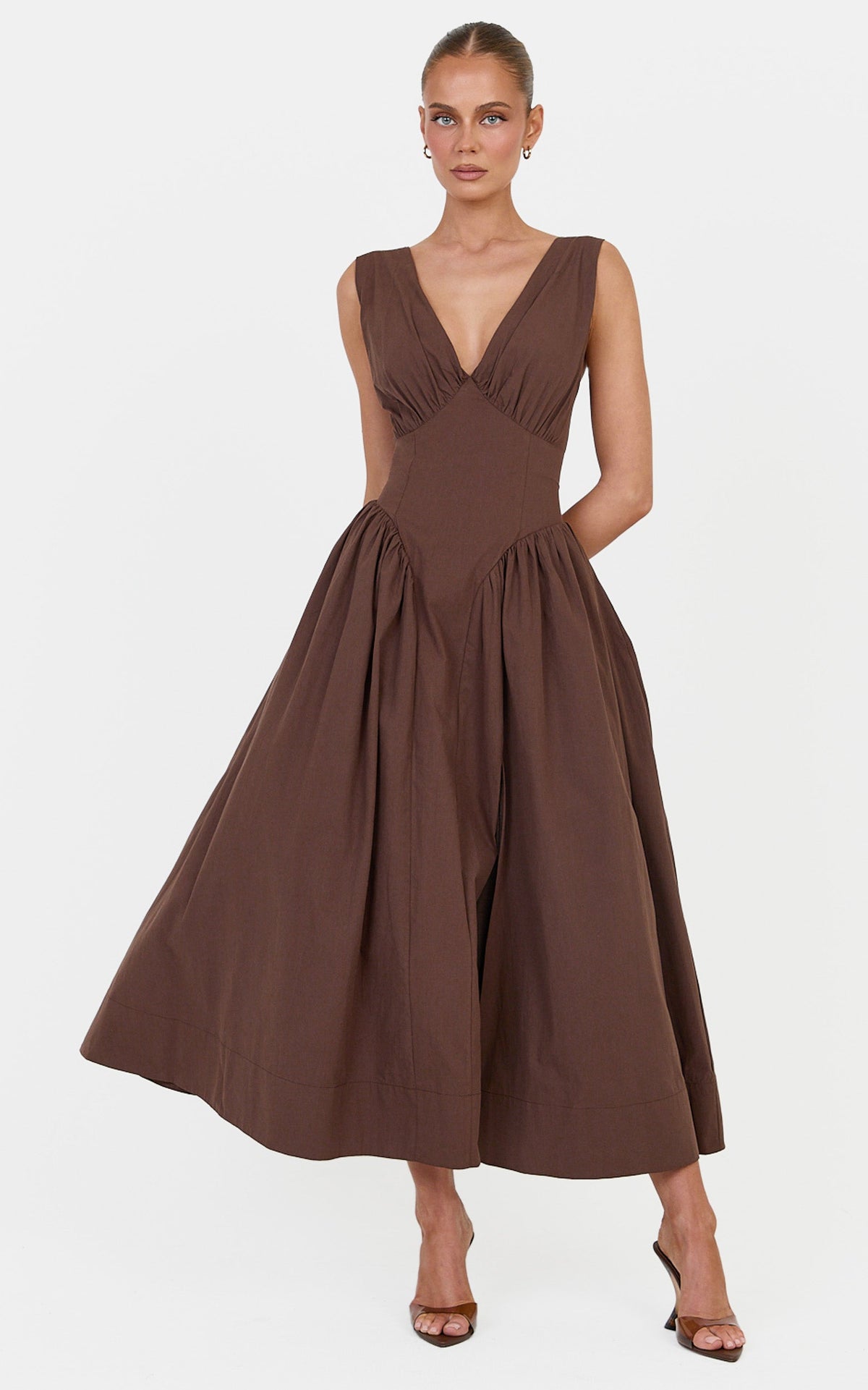 Melody Midi Dress - Cotton V Neck A Line Dress in Chocolate