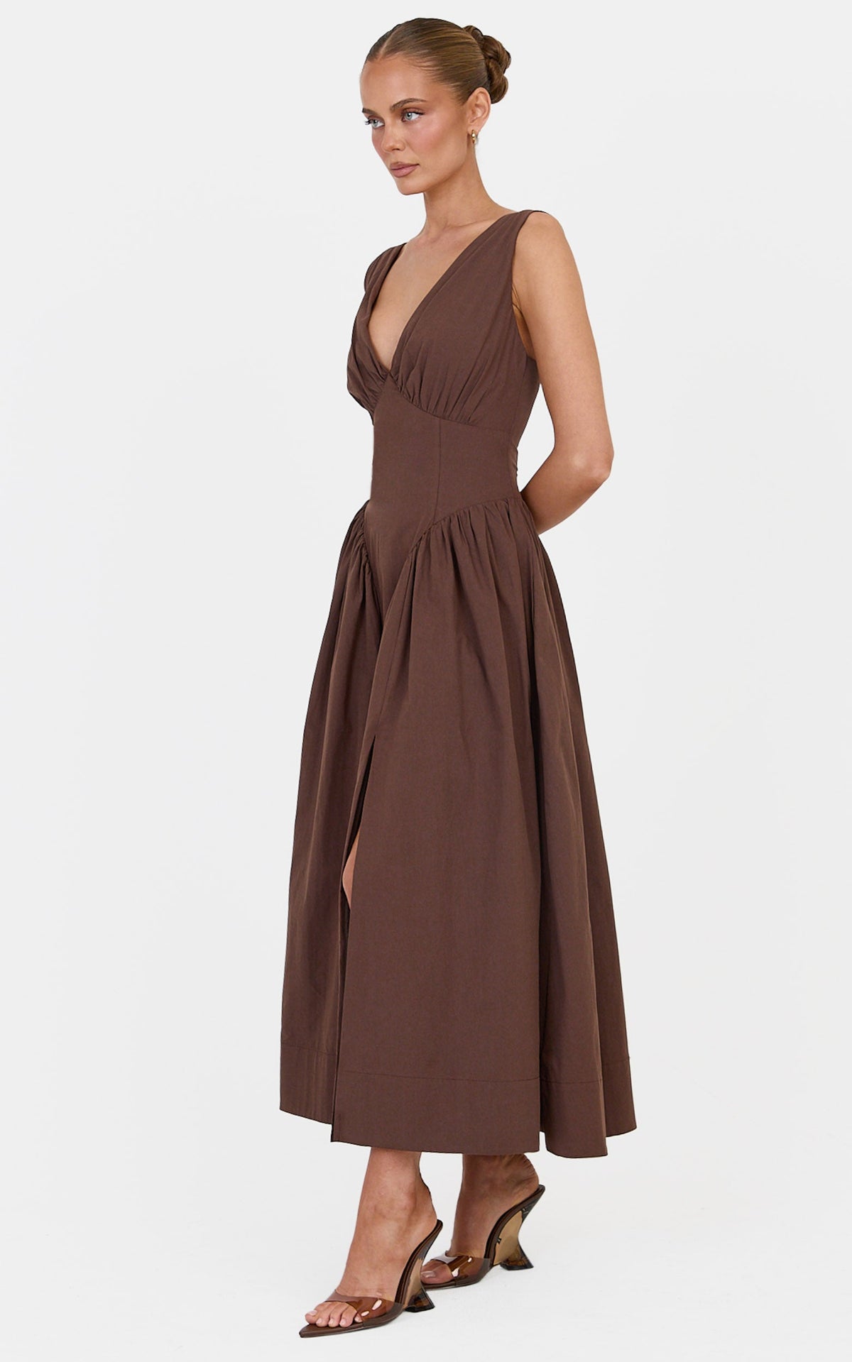 Melody Midi Dress - Cotton V Neck A Line Dress in Chocolate