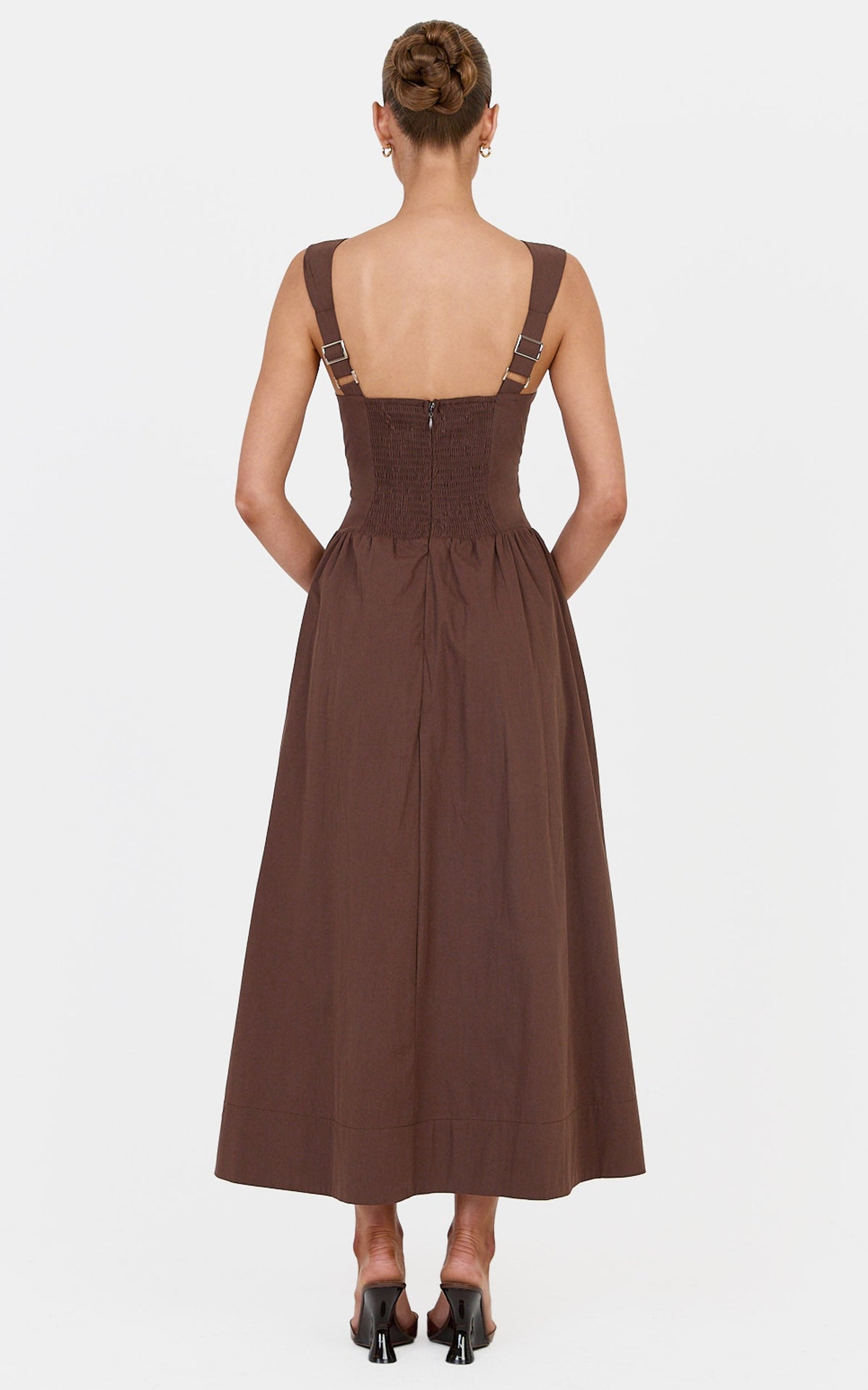 Melody Midi Dress - Cotton V Neck A Line Dress in Chocolate