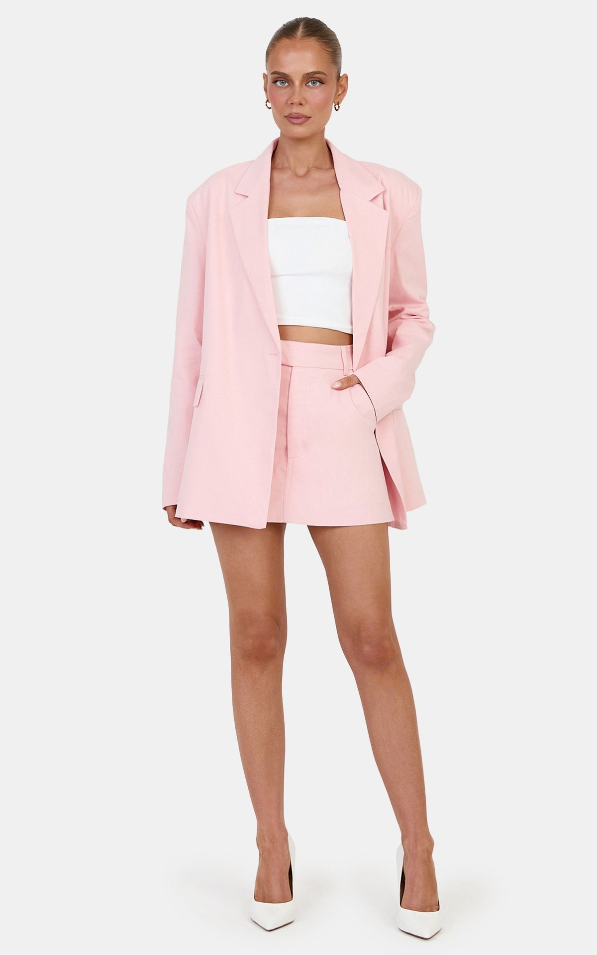 Virginia Skort - Mid Waisted Tailored Skort in Baby Pink