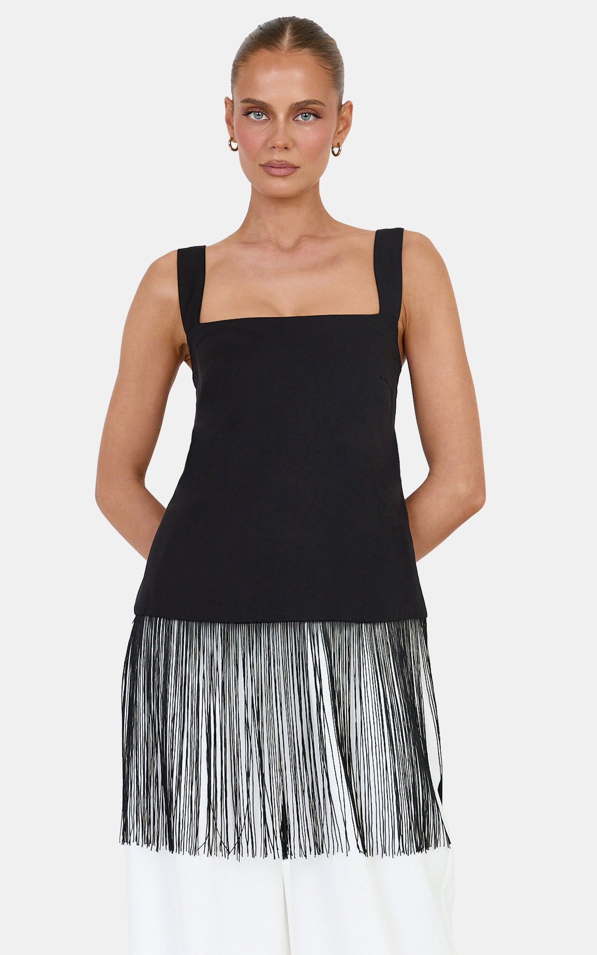 Yara Top - Fringe Hem Top in Black