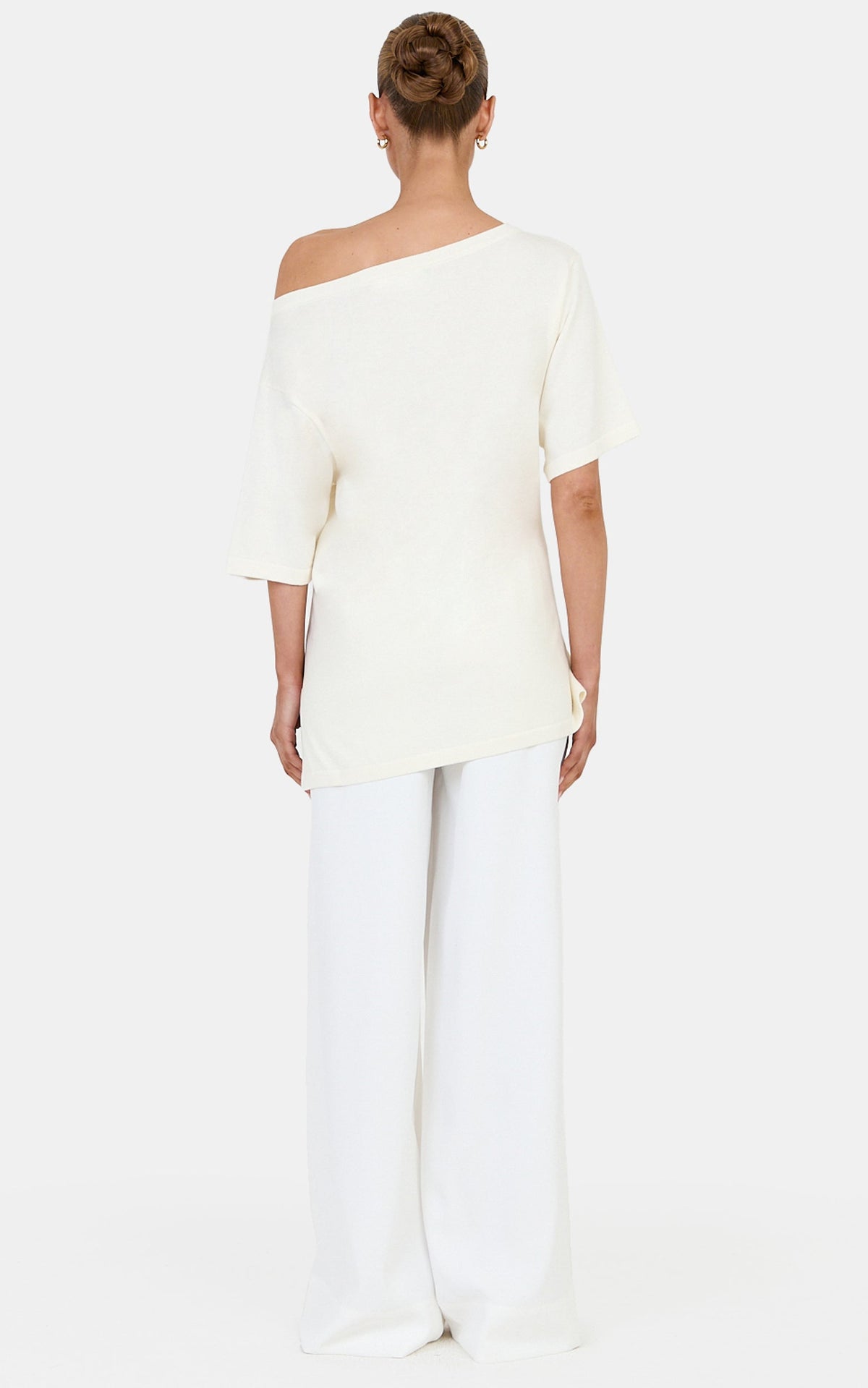 Angela Top - Cotton Oversized Asymmetrical Knit T Shirt in Ivory