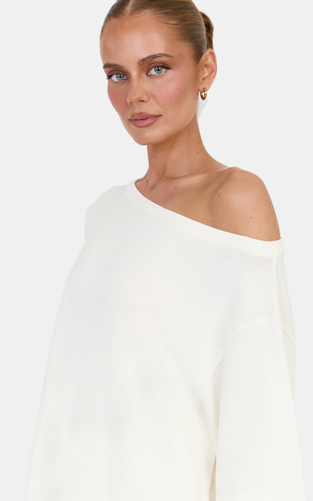Angela Top - Cotton Oversized Asymmetrical Knit T Shirt in Ivory