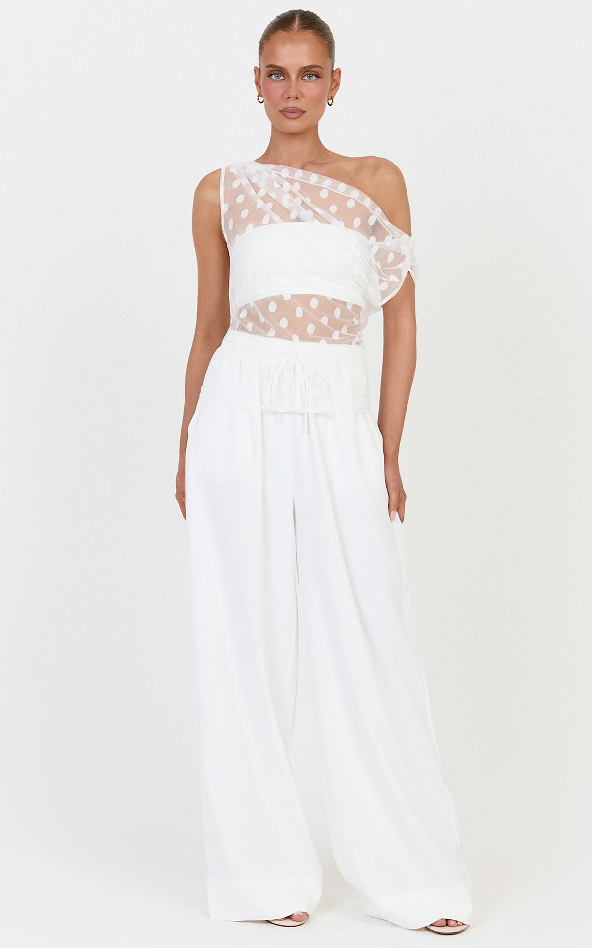 Bessette Top - Polka Dot Mesh Asymmetric Draped Top in Ivory