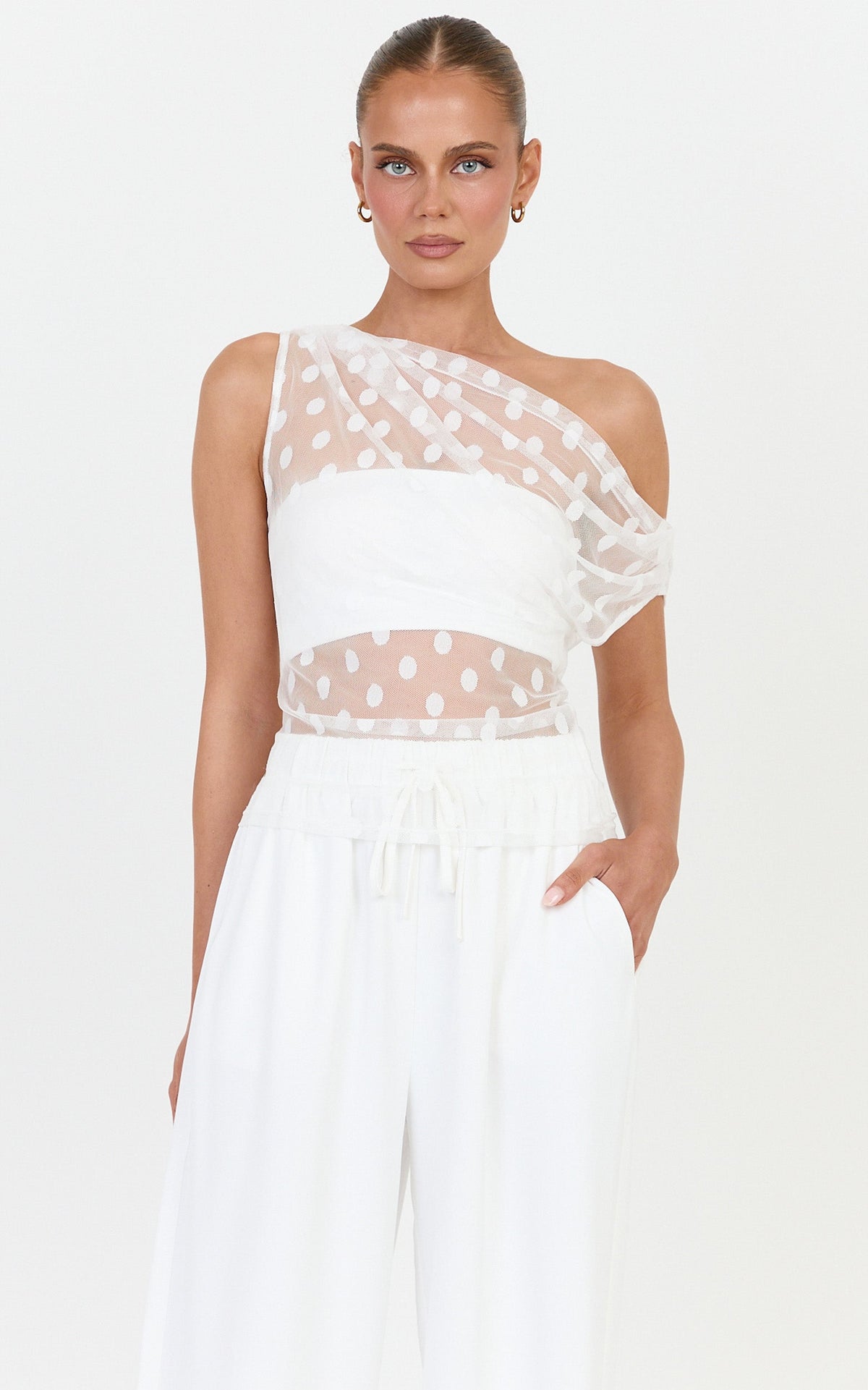 Bessette Top - Polka Dot Mesh Asymmetric Draped Top in Ivory