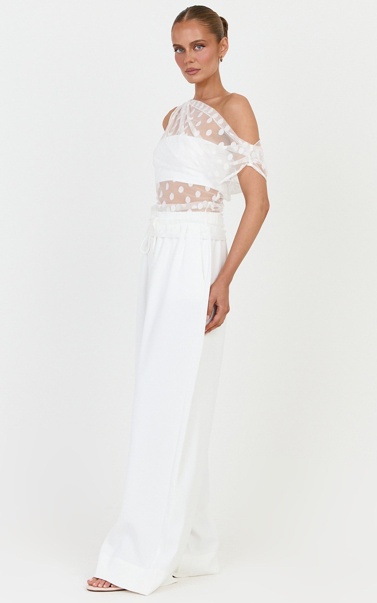 Bessette Top - Polka Dot Mesh Asymmetric Draped Top in Ivory
