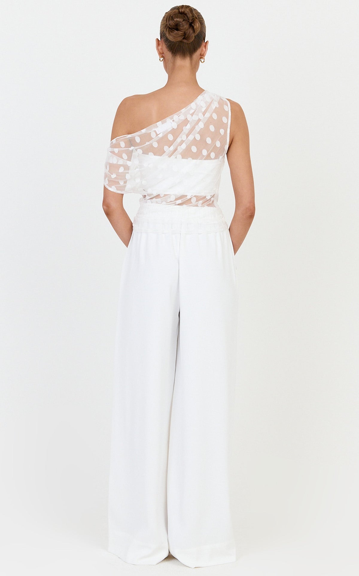Bessette Top - Polka Dot Mesh Asymmetric Draped Top in Ivory