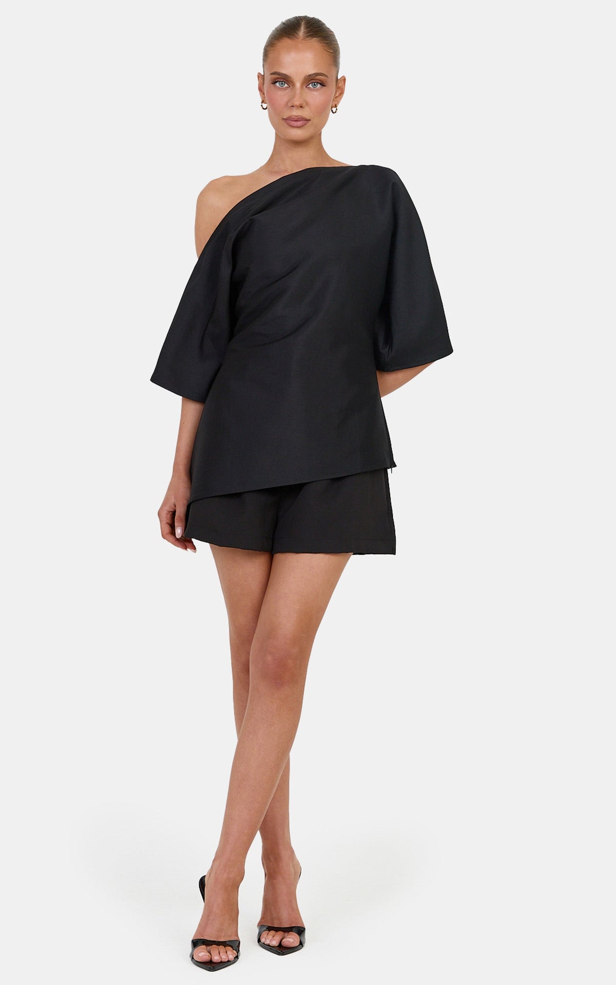 Aubrey Top - Cotton Blend Off Shoulder Cinched Waist Top in Black