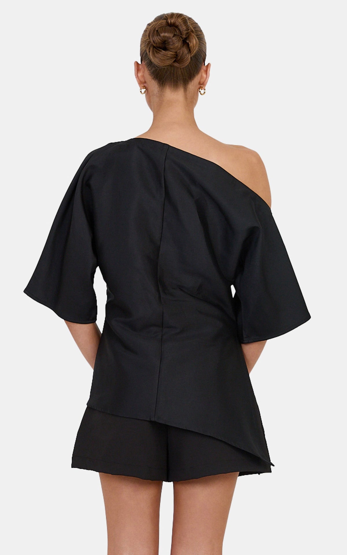Aubrey Top - Cotton Blend Off Shoulder Cinched Waist Top in Black