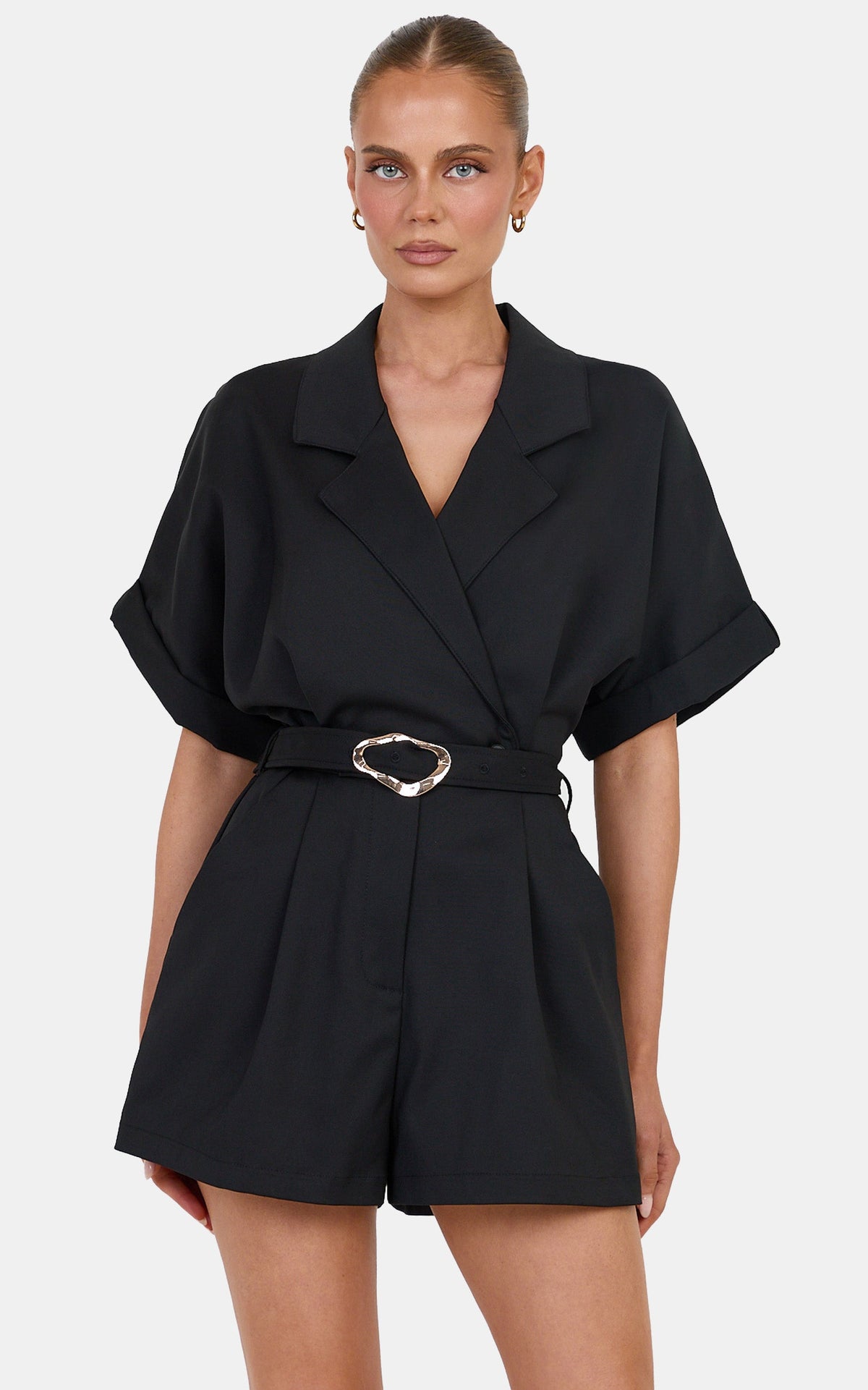 Bella Playsuit - Cotton Blend Short Sleeve Statement Buckle Belted Playsuit in Black