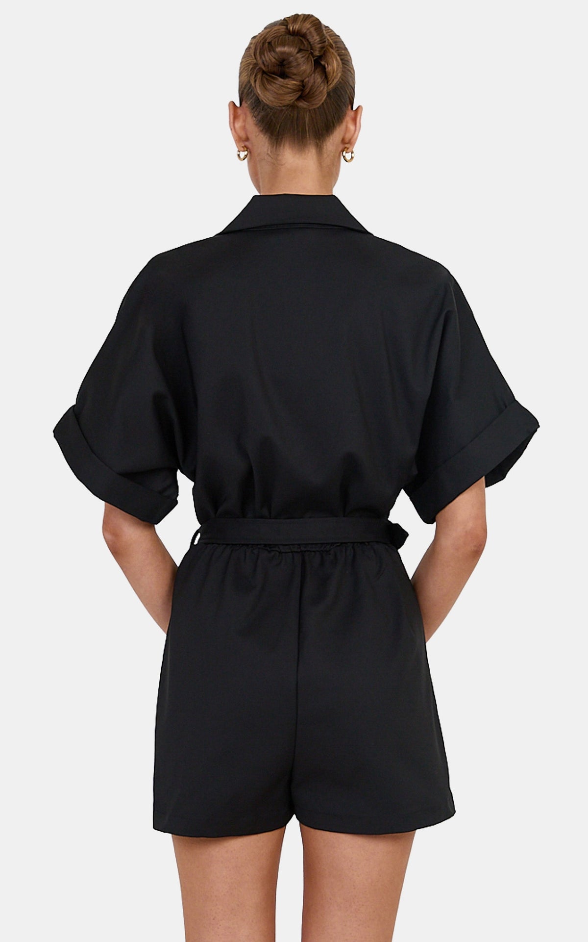 Bella Playsuit - Cotton Blend Short Sleeve Statement Buckle Belted Playsuit in Black