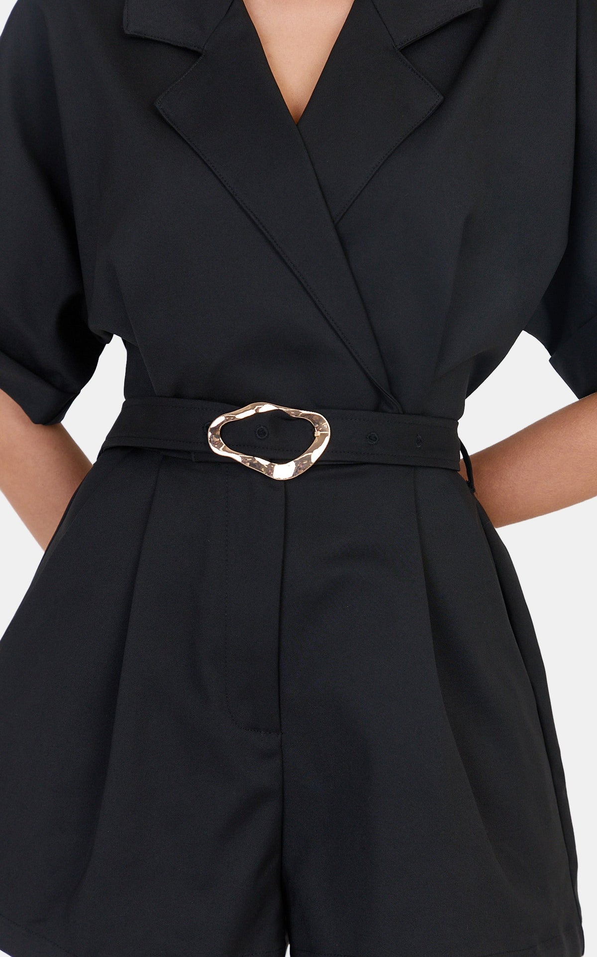 Bella Playsuit - Cotton Blend Short Sleeve Statement Buckle Belted Playsuit in Black