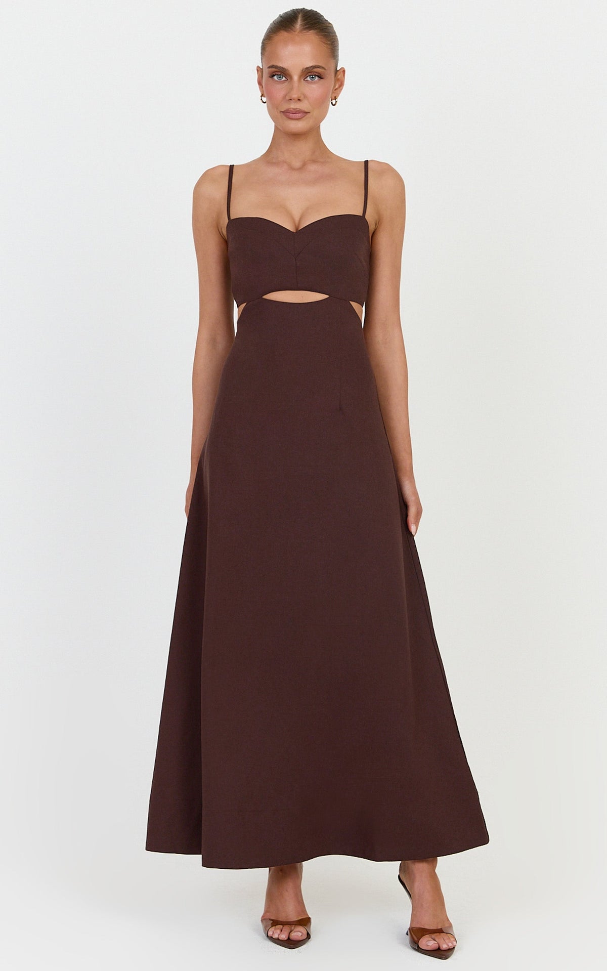Elizabeth Midi Dress - Linen Blend Tie Back Cut Out Maxi Dress in Dark Chocolate