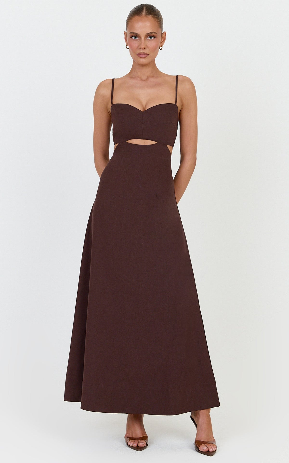 Elizabeth Midi Dress - Linen Blend Tie Back Cut Out Maxi Dress in Dark Chocolate