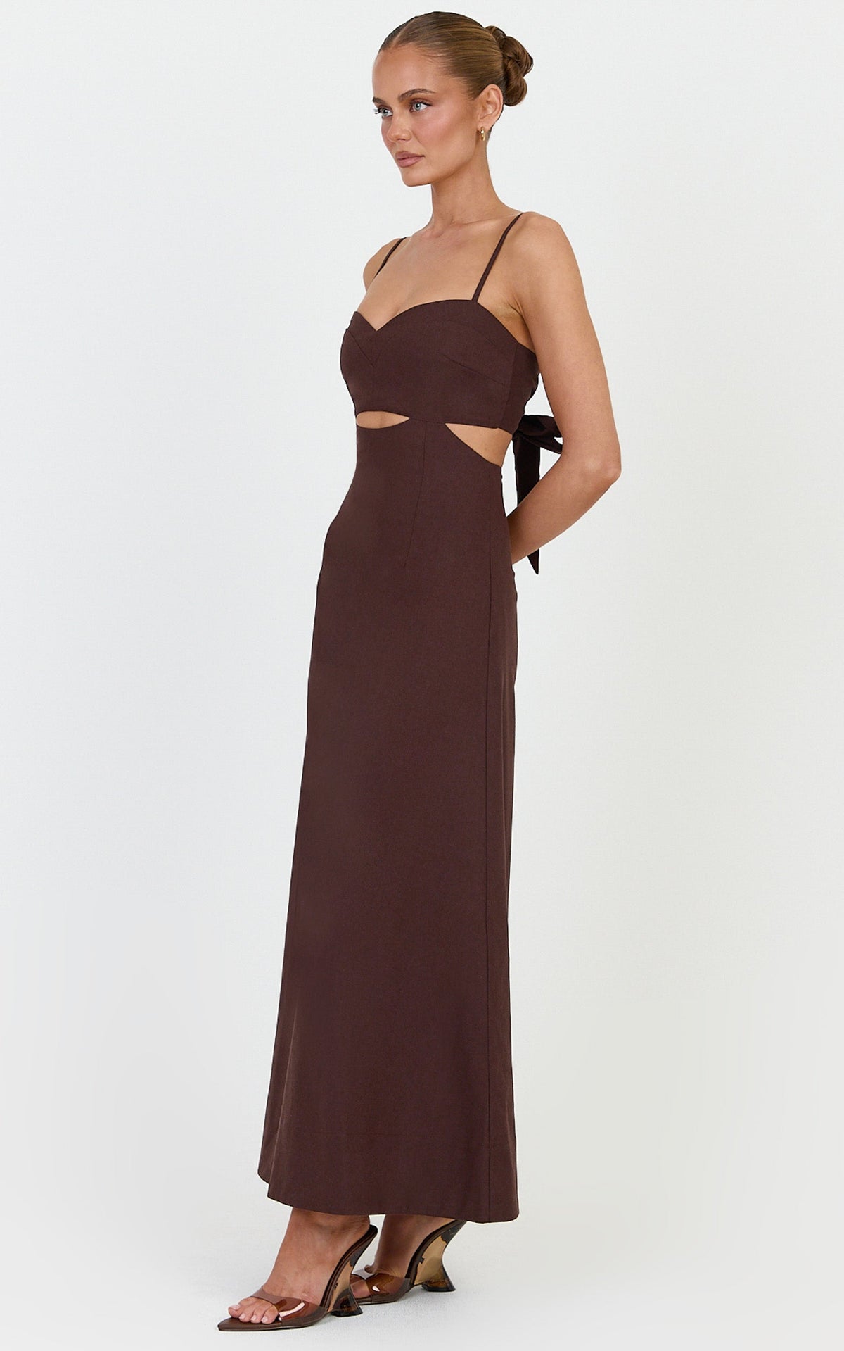 Elizabeth Midi Dress - Linen Blend Tie Back Cut Out Maxi Dress in Dark Chocolate
