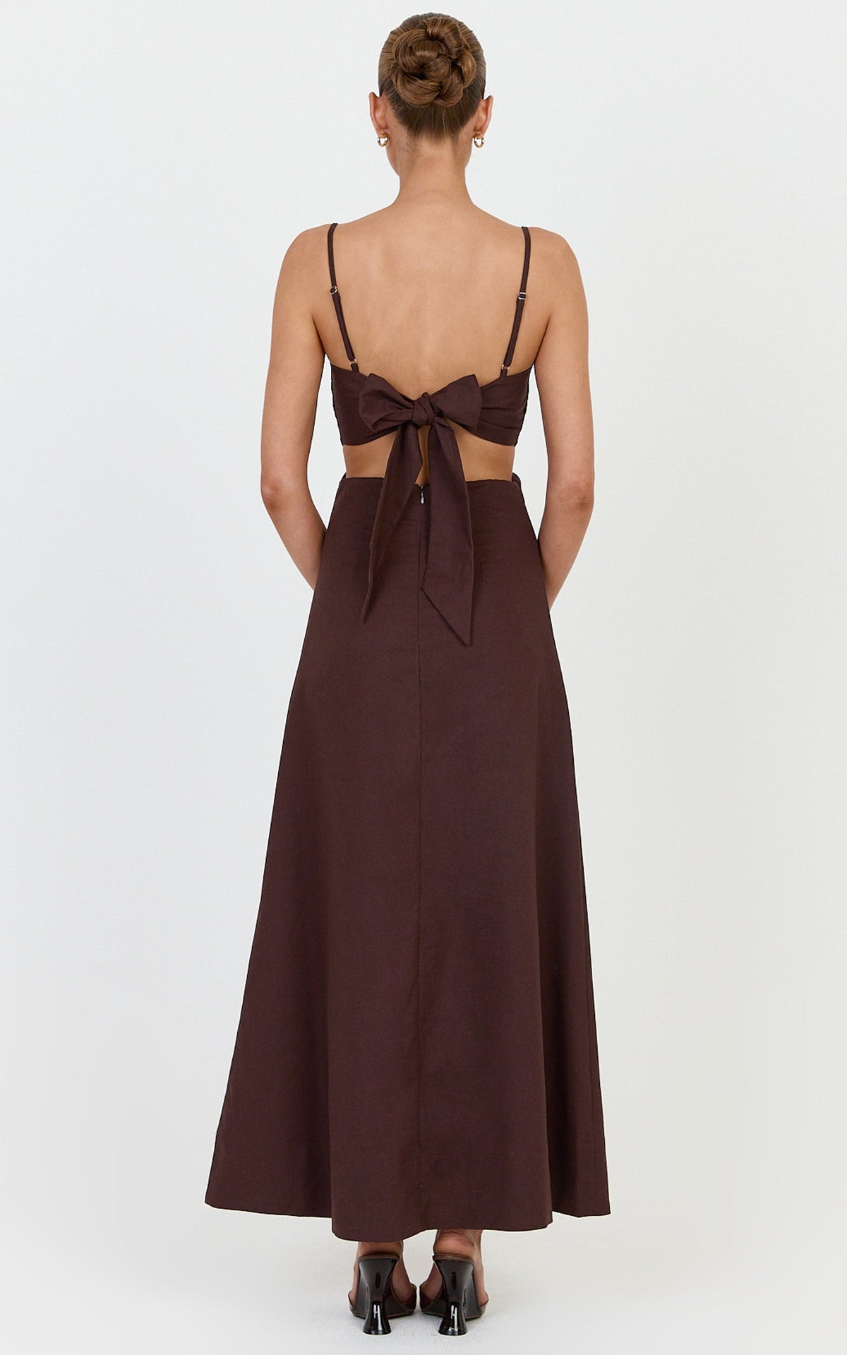 Elizabeth Midi Dress - Linen Blend Tie Back Cut Out Maxi Dress in Dark Chocolate