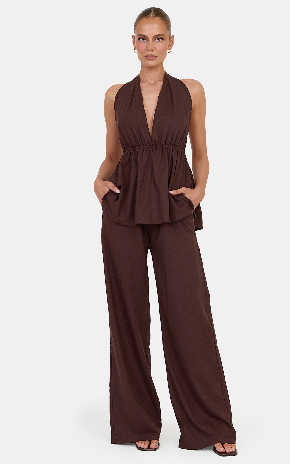 Elizabeth Two Piece Top and Pants Set - Linen Blend Longline Halter Neck Top and Pants Set in Dark Chocolate