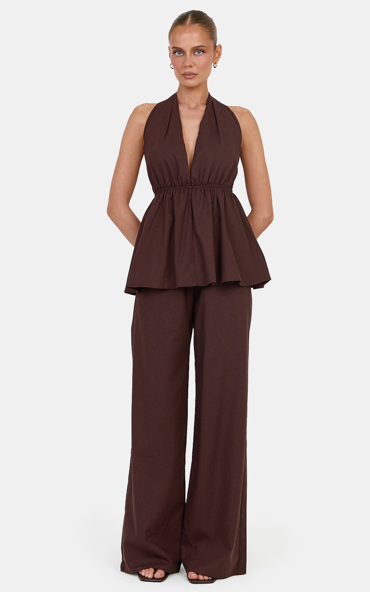 Elizabeth Two Piece Top and Pants Set - Linen Blend Longline Halter Neck Top and Pants Set in Dark Chocolate