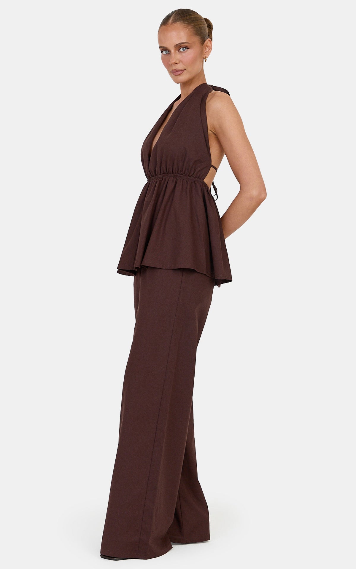 Elizabeth Two Piece Top and Pants Set - Linen Blend Longline Halter Neck Top and Pants Set in Dark Chocolate
