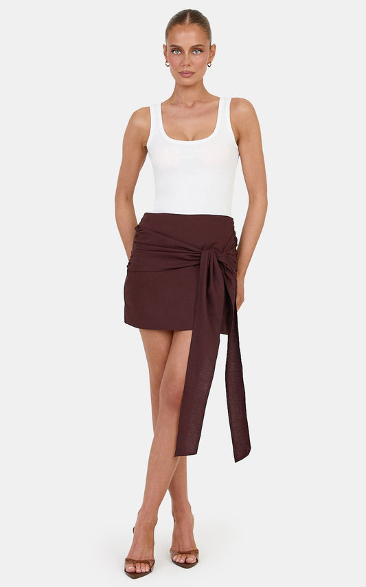 Emily Mini Skirt - Linen Blend Wrap Tie Mini Skirt in Dark Chocolate