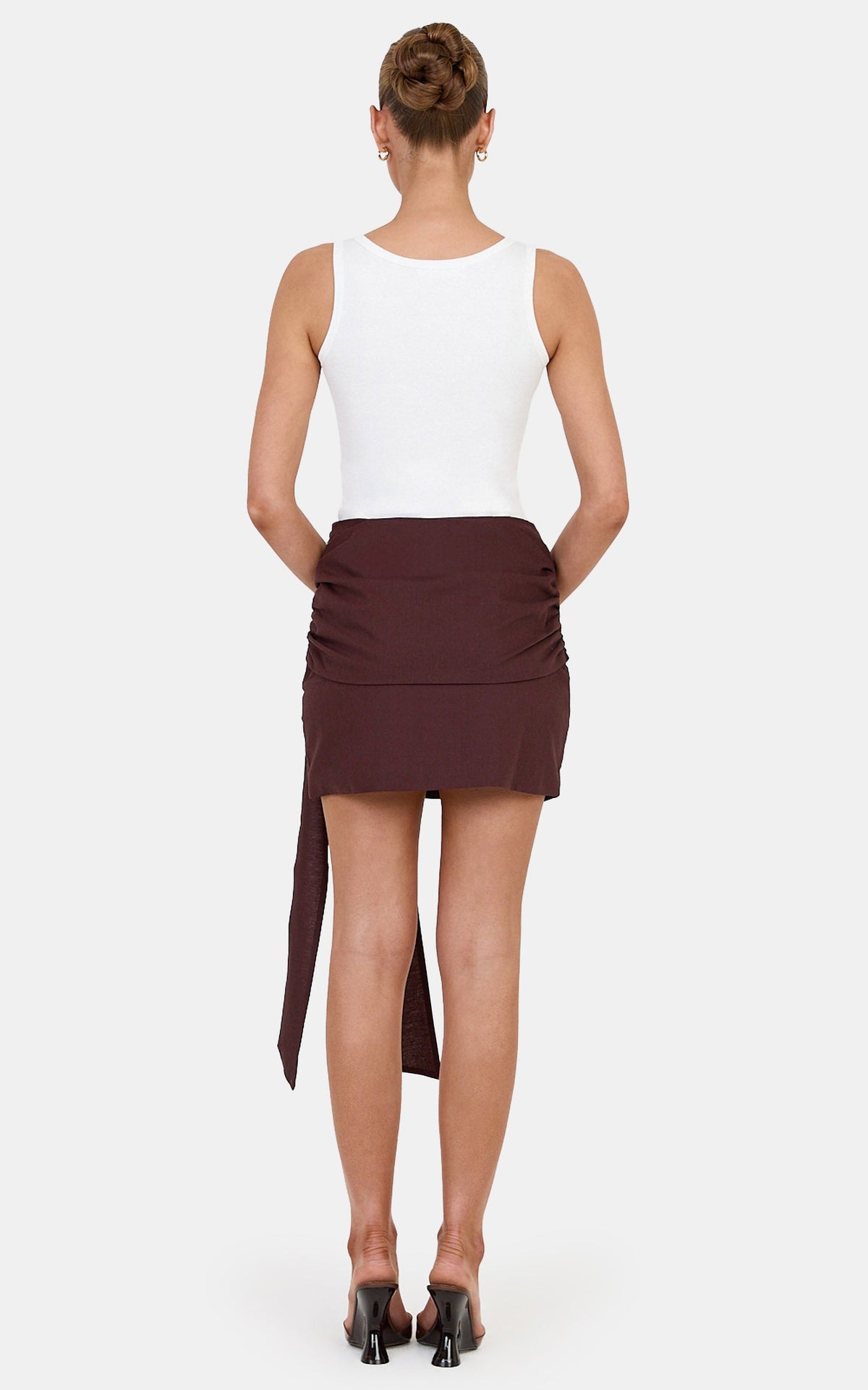 Emily Mini Skirt - Linen Blend Wrap Tie Mini Skirt in Dark Chocolate