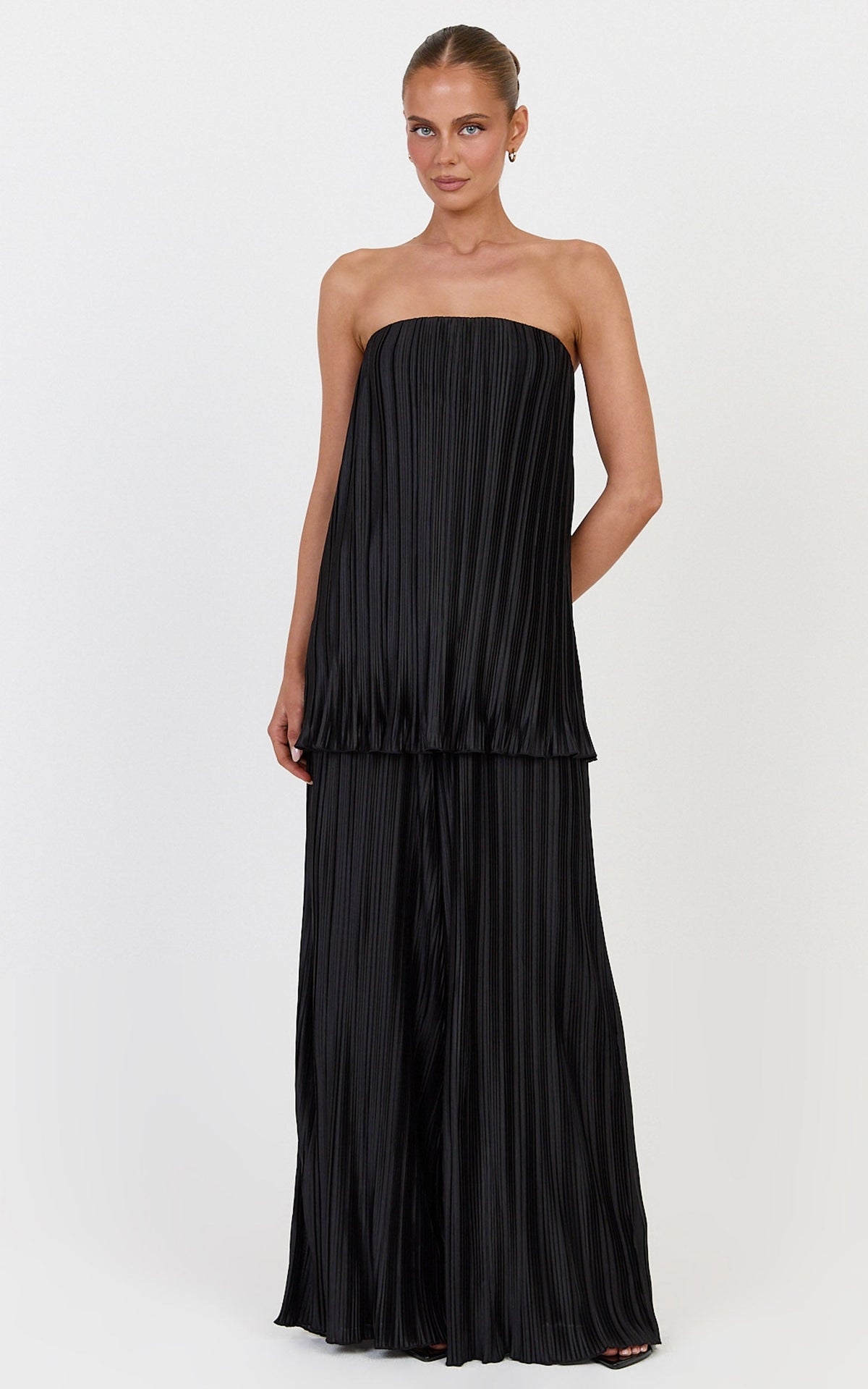 Evangeline Two Piece Top and Pants Set - Strapless Plisse Top & Pant Set in Black