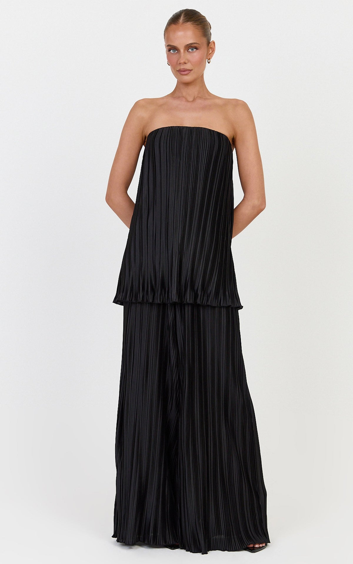 Evangeline Two Piece Top and Pants Set - Strapless Plisse Top & Pant Set in Black