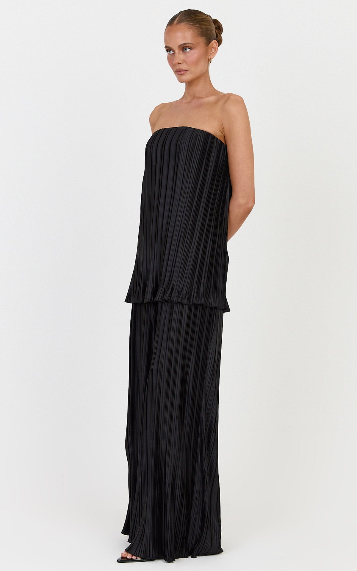 Evangeline Two Piece Top and Pants Set - Strapless Plisse Top & Pant Set in Black