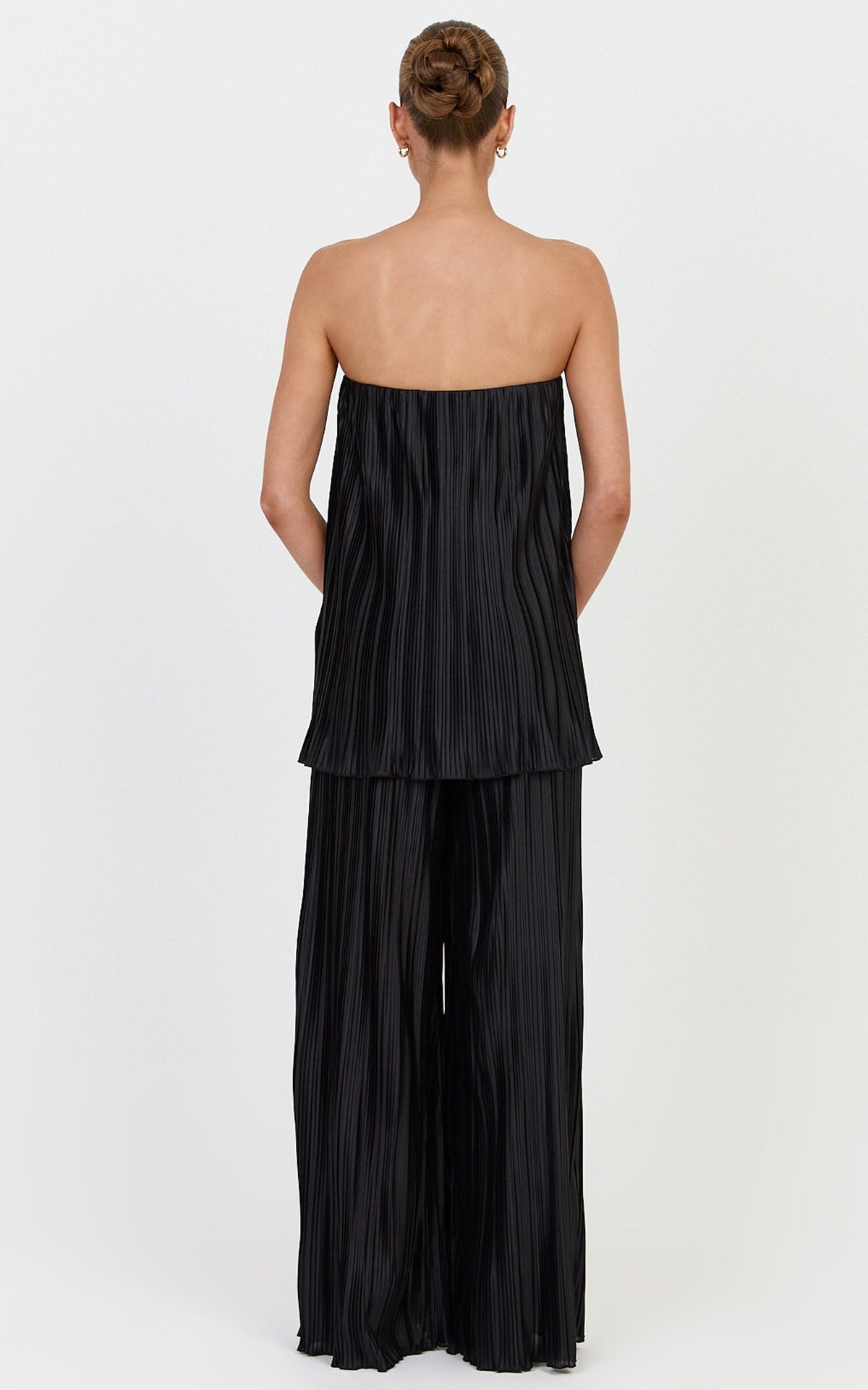 Evangeline Two Piece Top and Pants Set - Strapless Plisse Top & Pant Set in Black