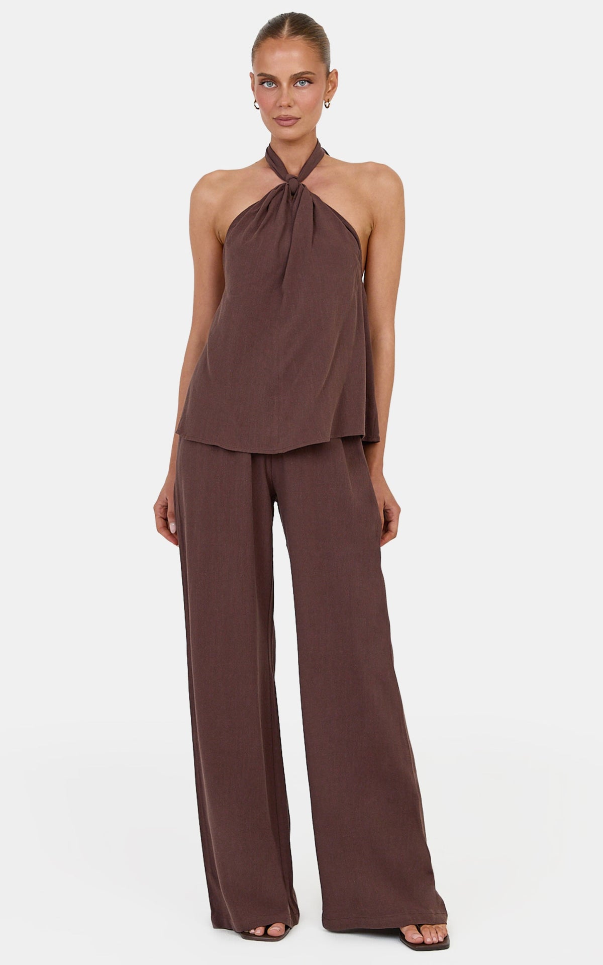 Ingrid Two Piece Set - Knot Detail Halter Neck Top and Wide Leg Pants Set in Chocolate
