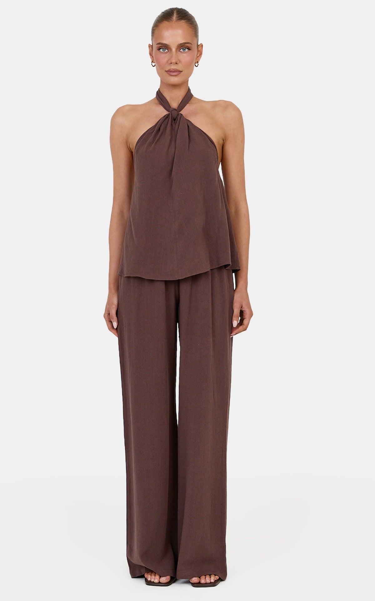 Ingrid Two Piece Set - Knot Detail Halter Neck Top and Wide Leg Pants Set in Chocolate