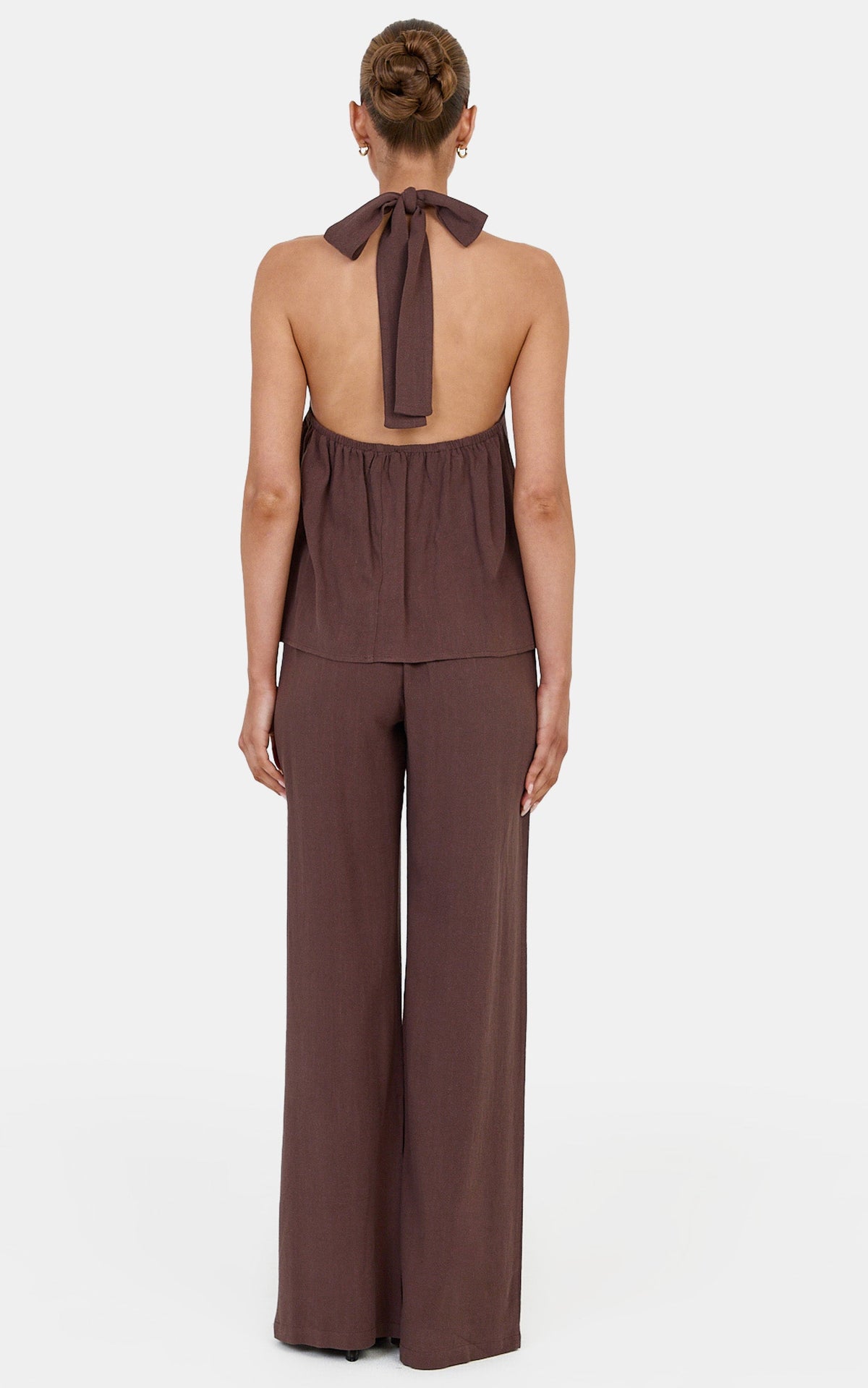 Ingrid Two Piece Set - Knot Detail Halter Neck Top and Wide Leg Pants Set in Chocolate
