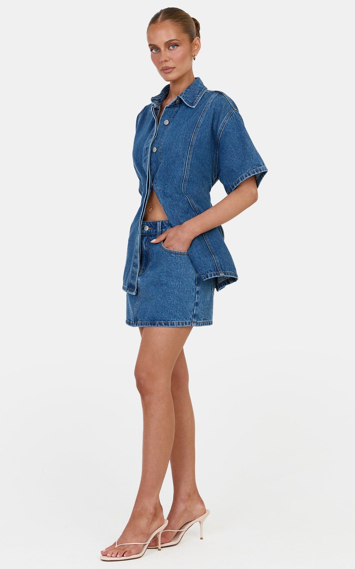 Arabella Top - Oversized Denim Short Sleeve Tie Back Detail Shirt in Dark Blue Wash