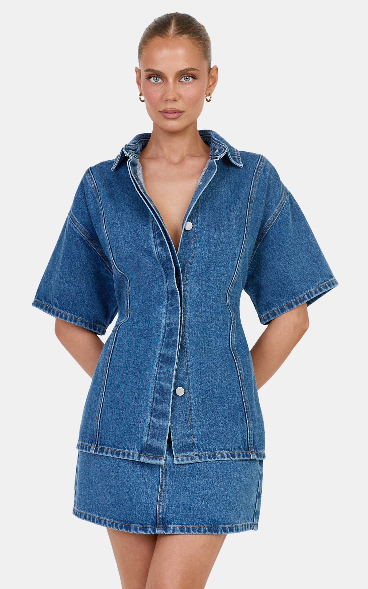 Arabella Top - Oversized Denim Short Sleeve Tie Back Detail Shirt in Dark Blue Wash