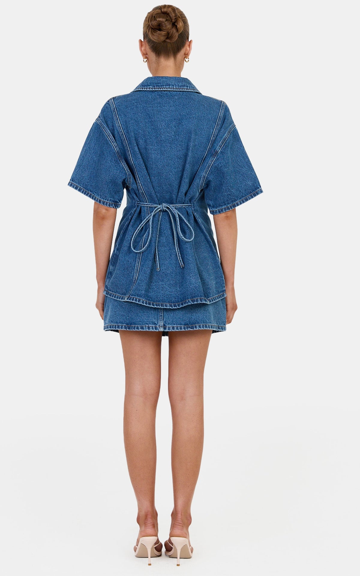 Arabella Top - Oversized Denim Short Sleeve Tie Back Detail Shirt in Dark Blue Wash