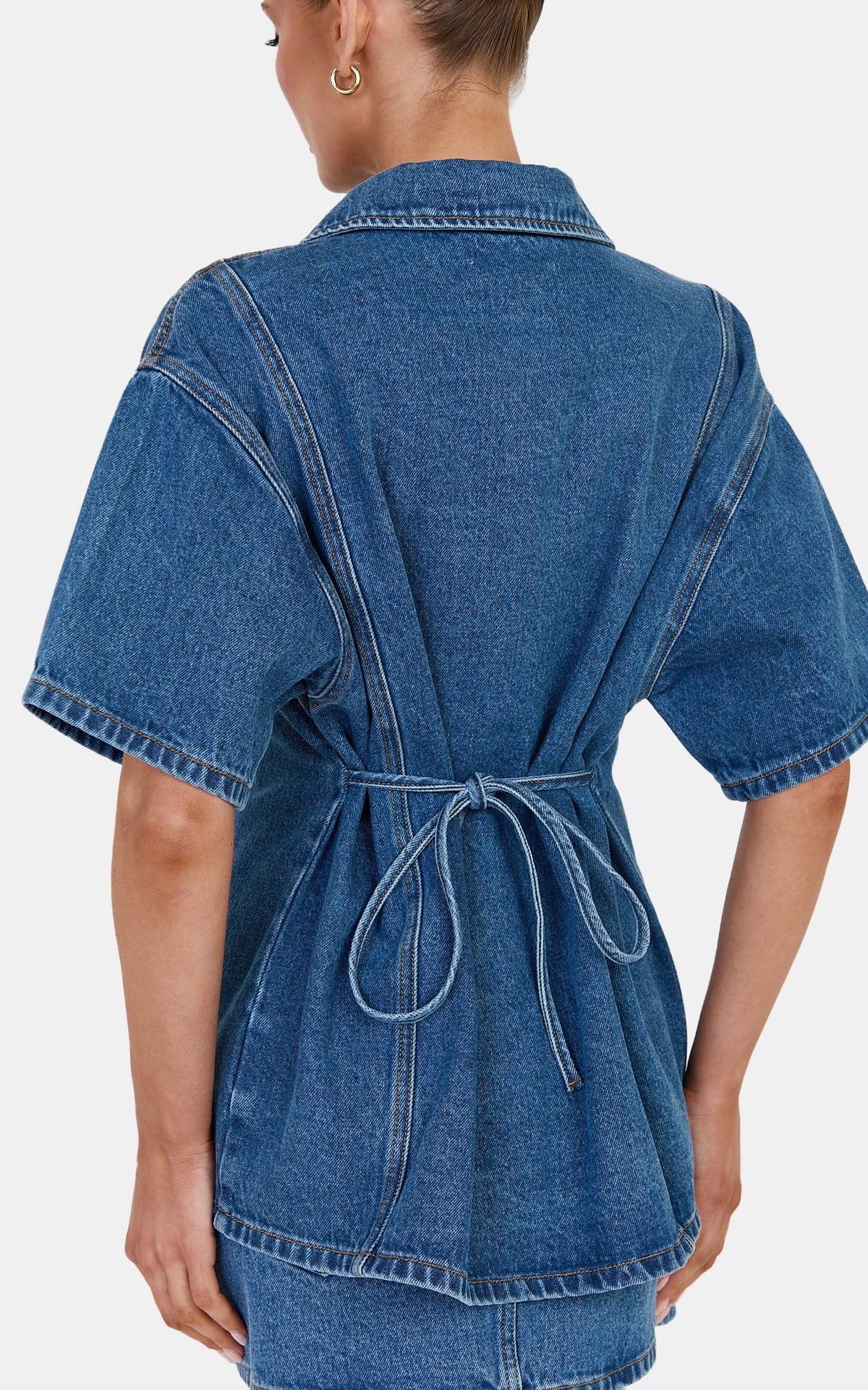 Arabella Top - Oversized Denim Short Sleeve Tie Back Detail Shirt in Dark Blue Wash