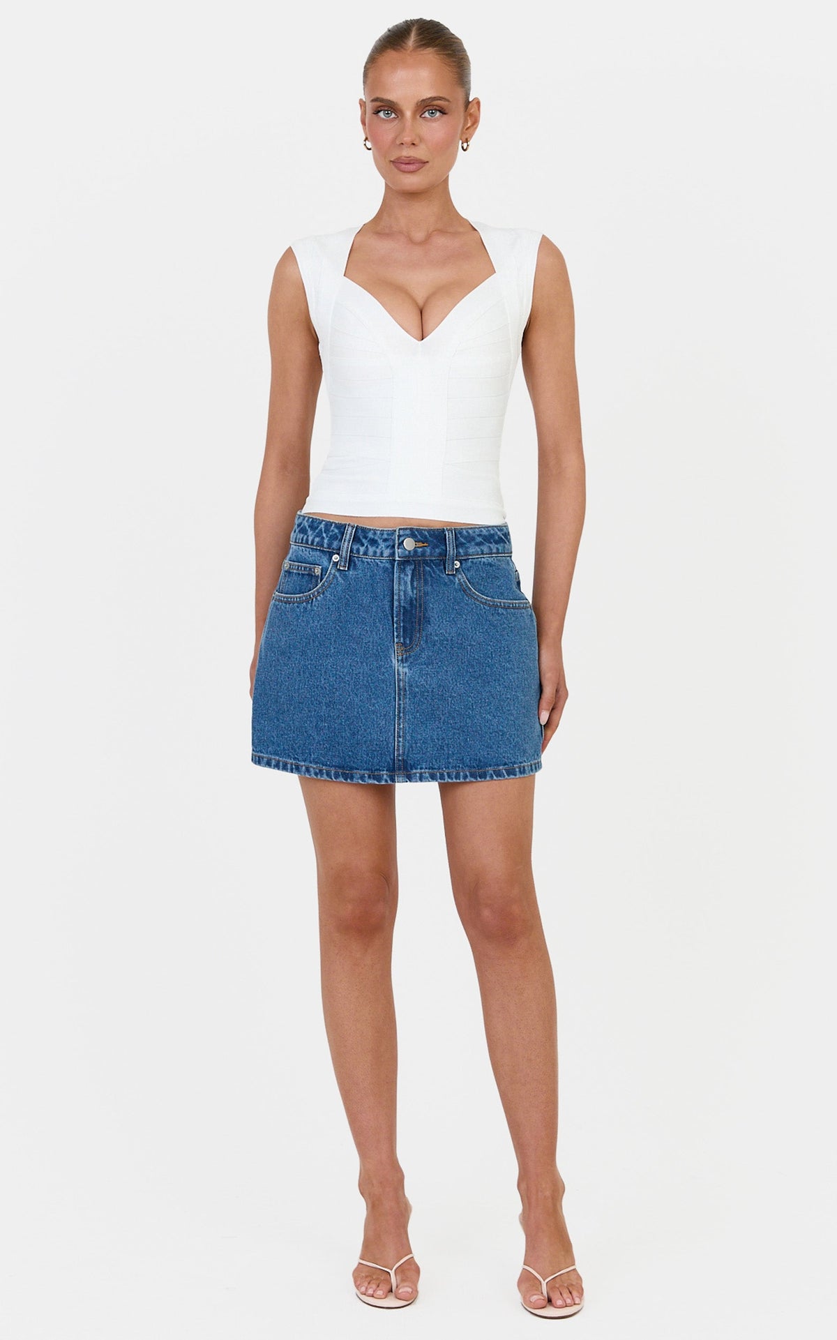 Kaitlyn Mini Skirt - Denim Low Rise Mini Skirt in Dark Blue Wash