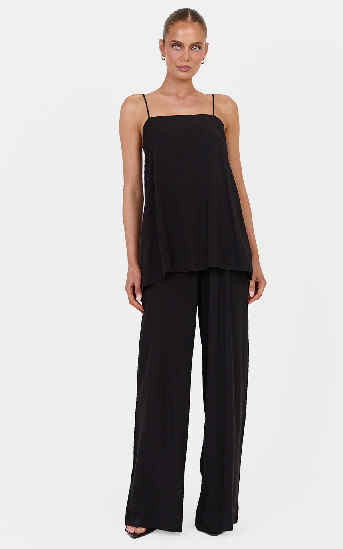 Lucy Two Piece Top and Pants Set - Waterfall Back Detail Top and Pants Set in Black
