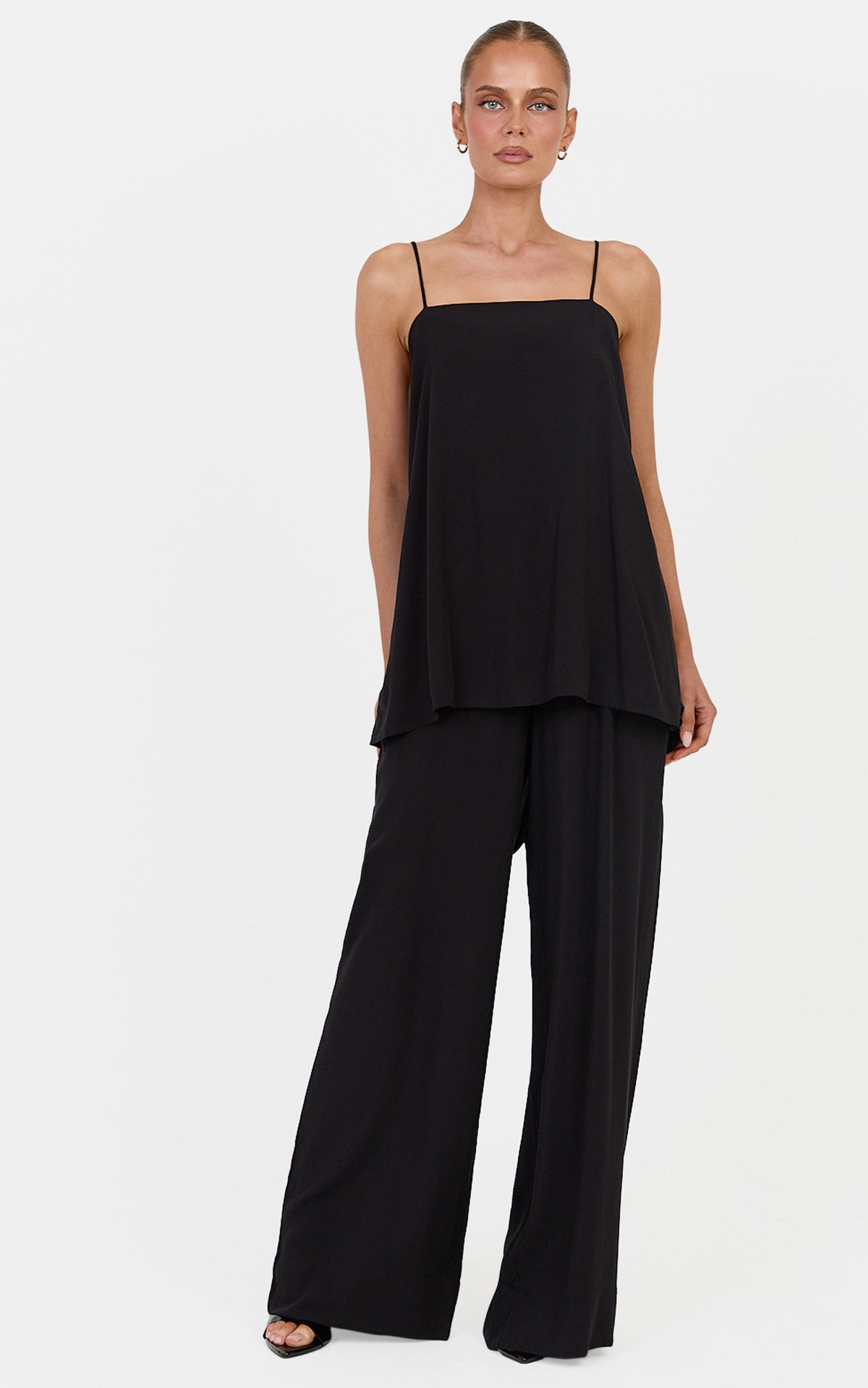 Lucy Two Piece Top and Pants Set - Waterfall Back Detail Top and Pants Set in Black