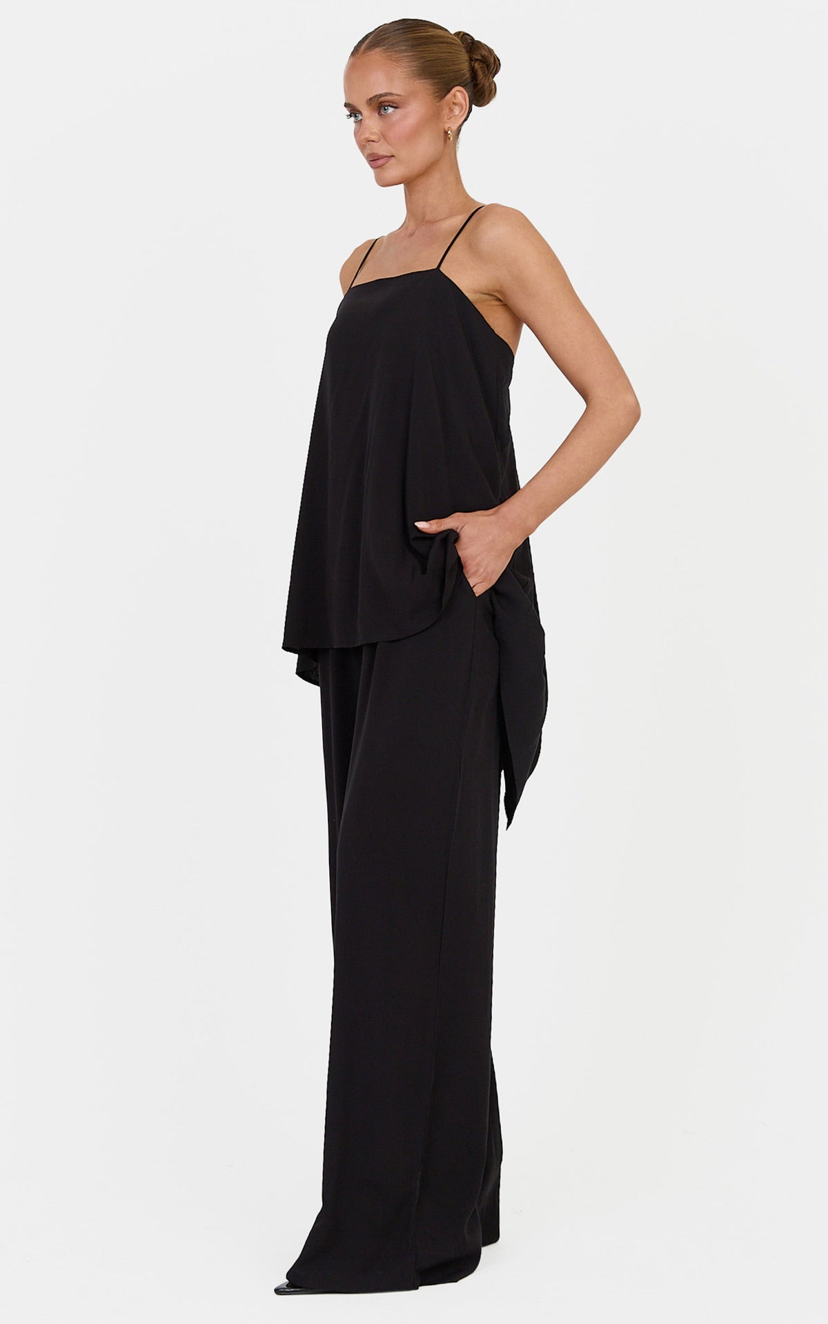 Lucy Two Piece Top and Pants Set - Waterfall Back Detail Top and Pants Set in Black