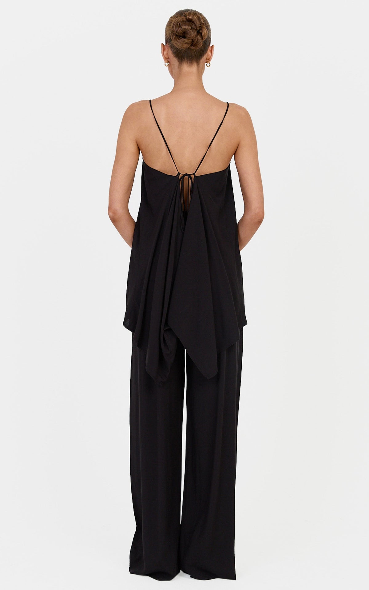 Lucy Two Piece Top and Pants Set - Waterfall Back Detail Top and Pants Set in Black