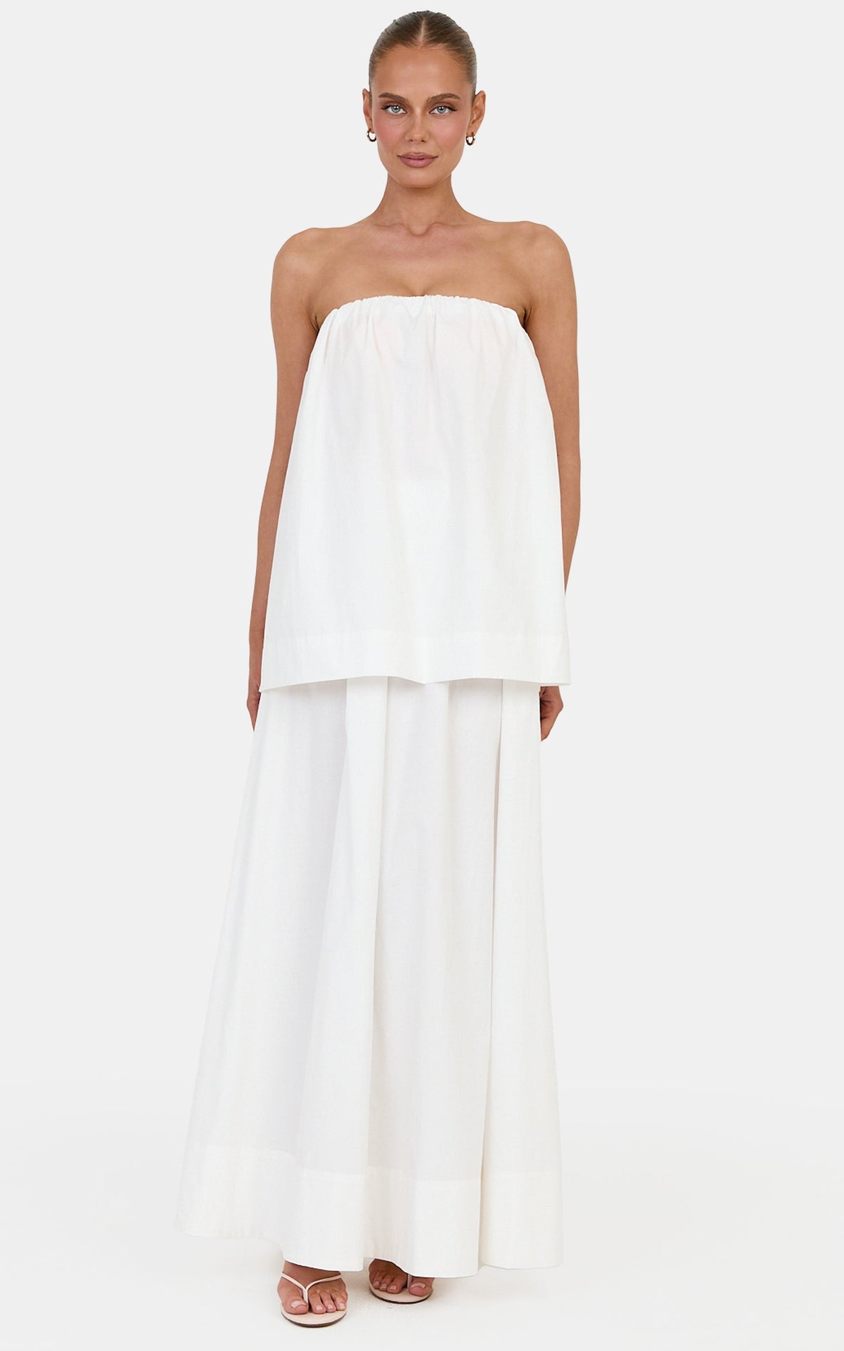 Melody Two Piece Top and Skirt Set - Cotton Strapless Top and Maxi Skirt Set in Off White