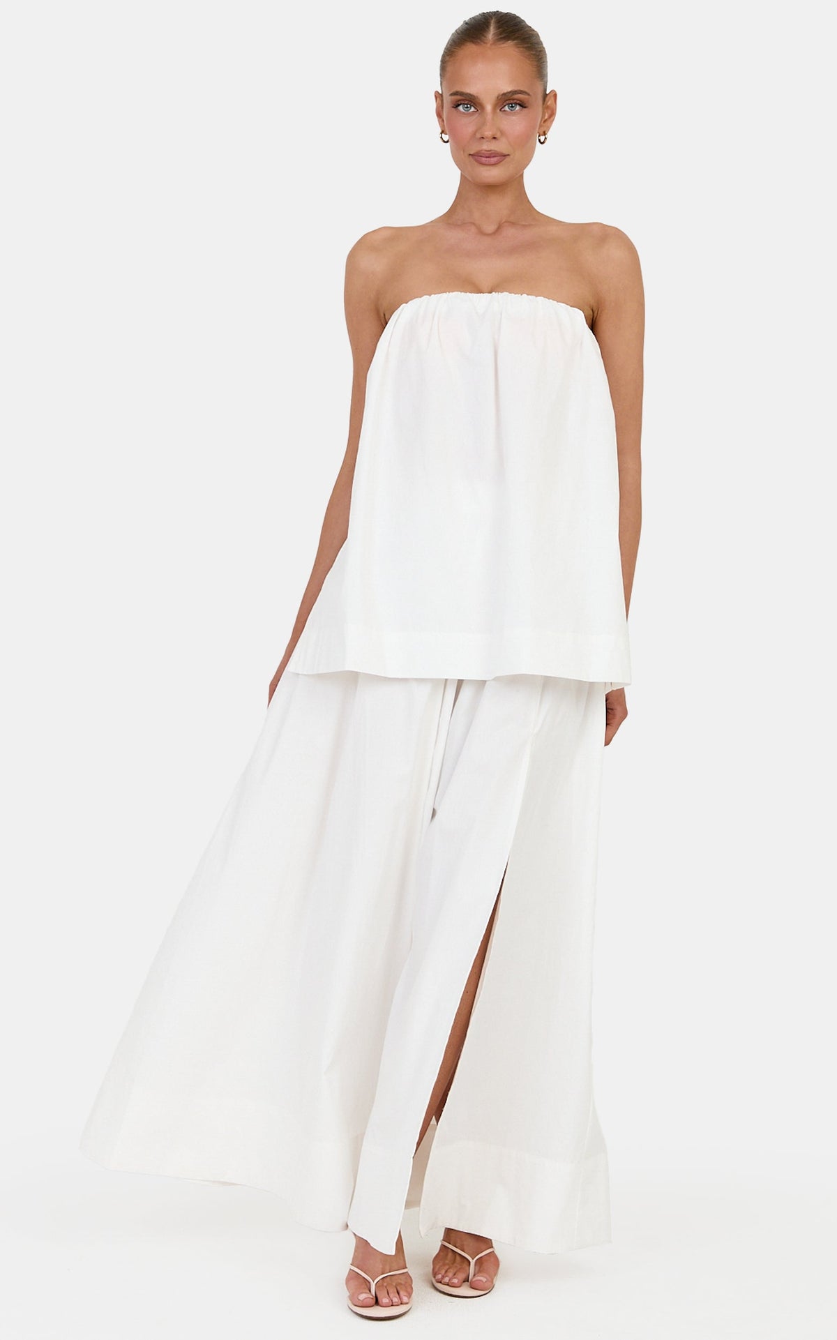 Melody Two Piece Top and Skirt Set - Cotton Strapless Top and Maxi Skirt Set in Off White