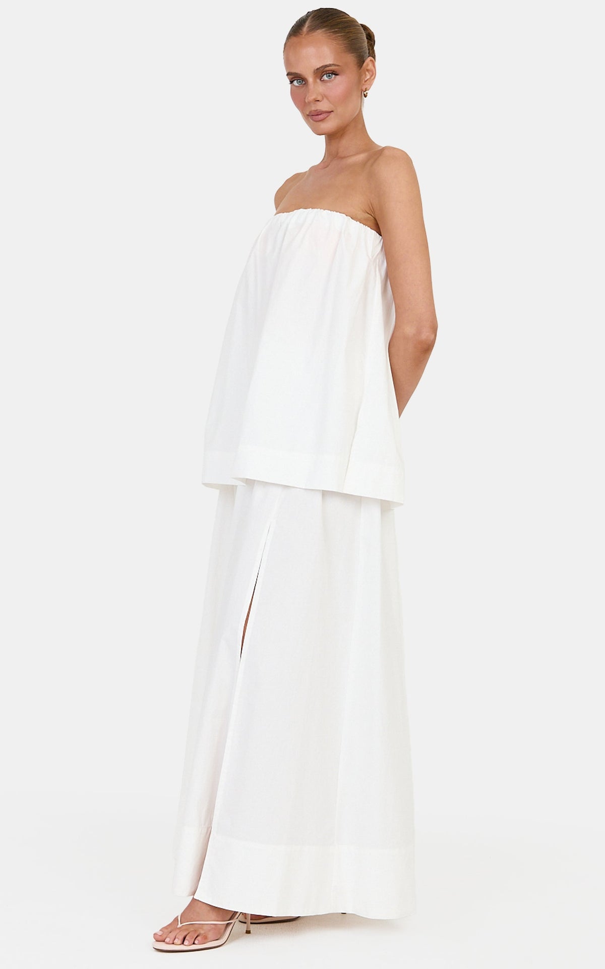 Melody Two Piece Top and Skirt Set - Cotton Strapless Top and Maxi Skirt Set in Off White