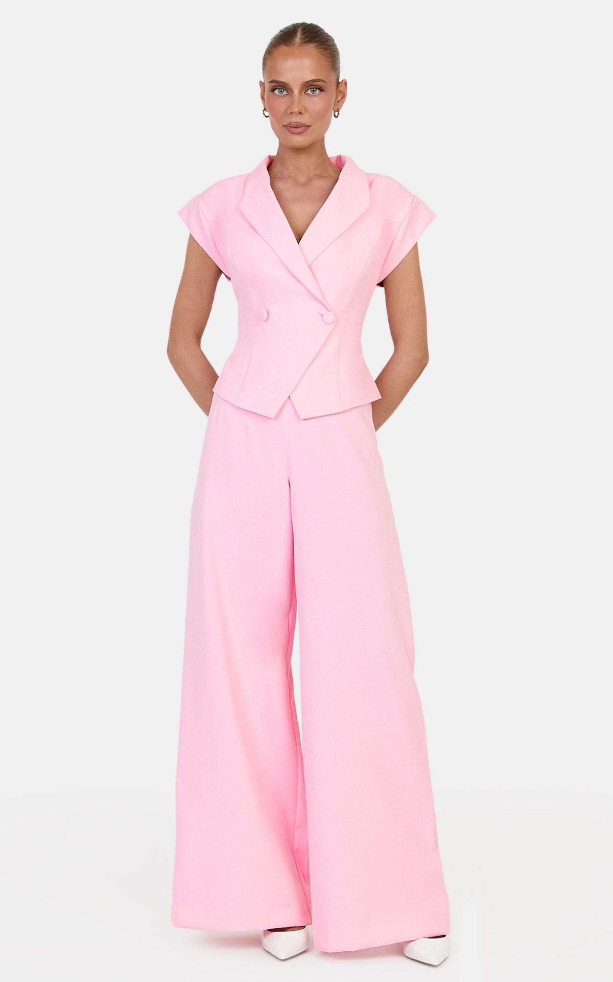 Poppy Pants - High Waist Darted Wide Leg Pants in Baby Pink